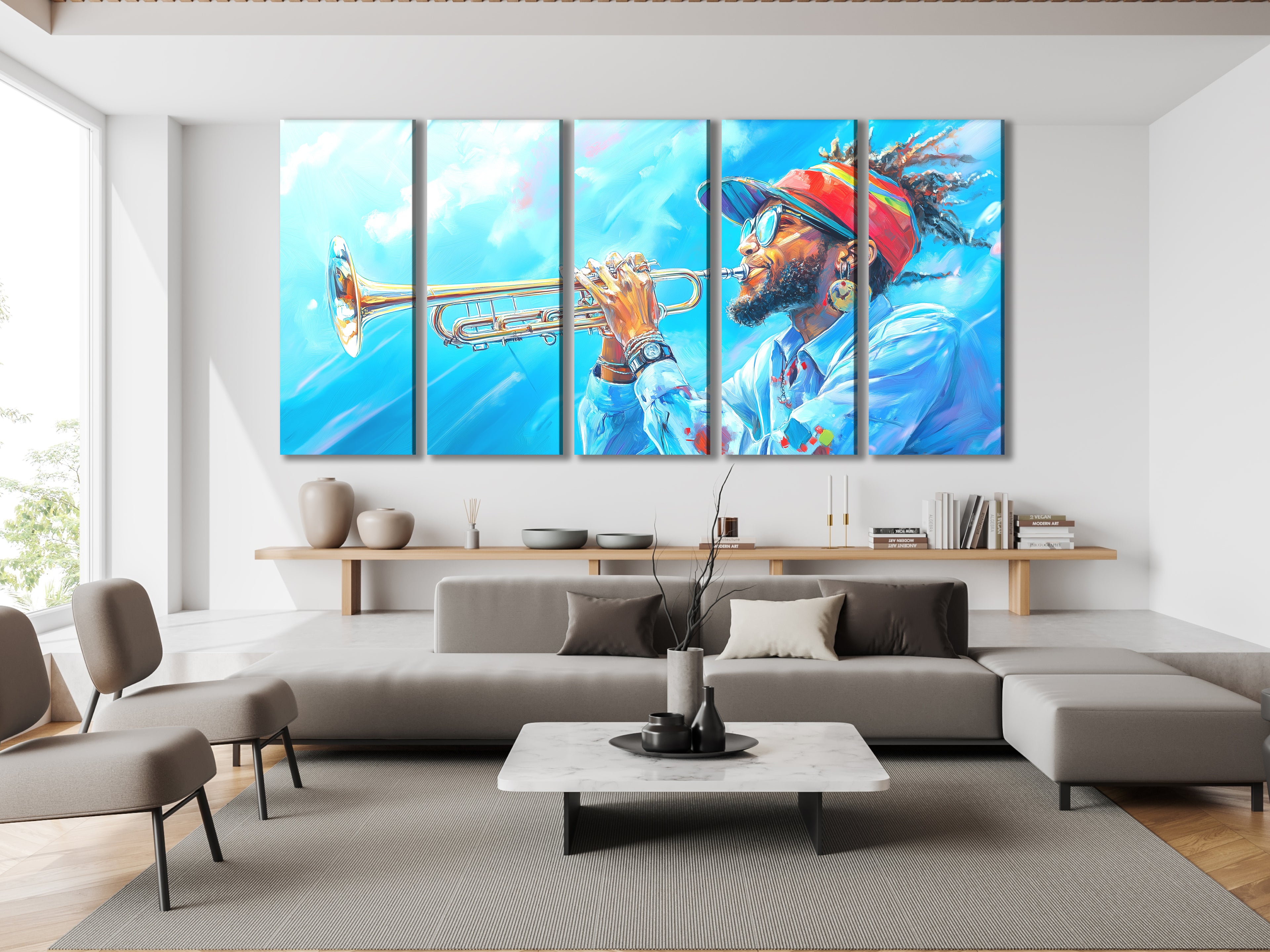 Canvasprint van een Trompettist met een Hemels Hoogtepunt – Coole Jazz Vibes, Gedurfd Blauw Hemels Koper Kunstwerk