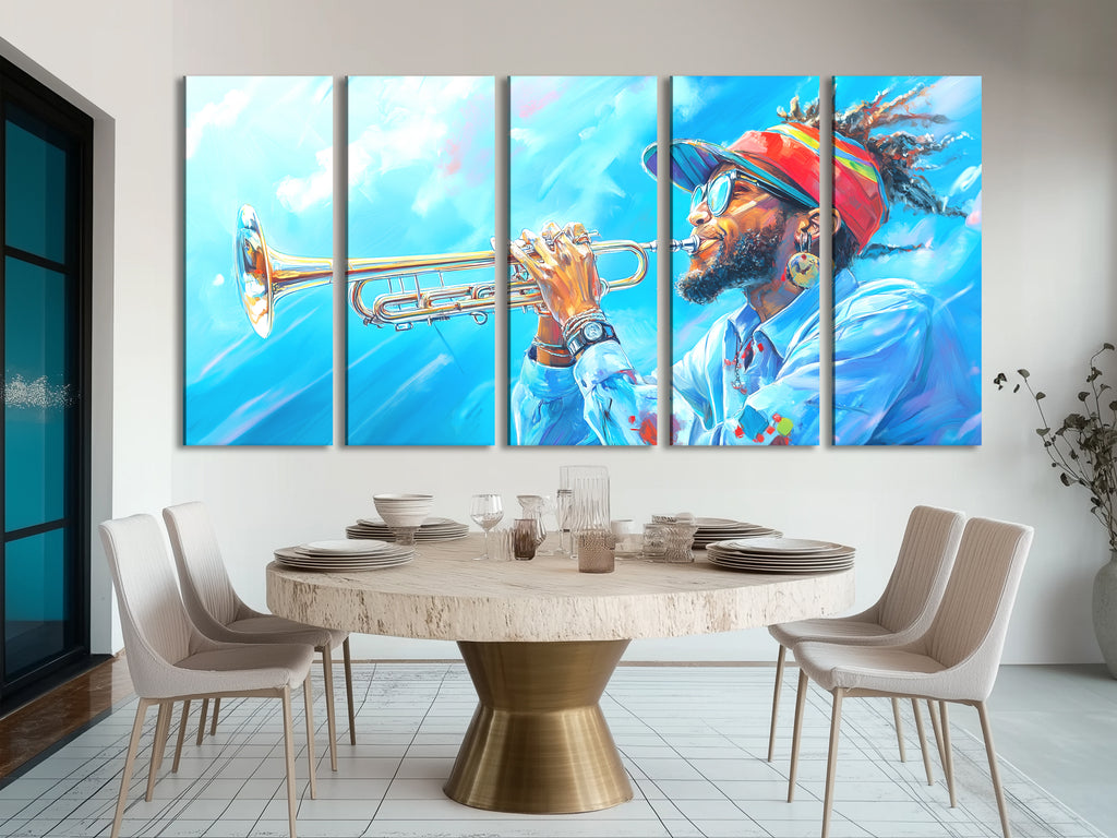 Canvasprint van een Trompettist met een Hemels Hoogtepunt – Coole Jazz Vibes, Gedurfd Blauw Hemels Koper Kunstwerk