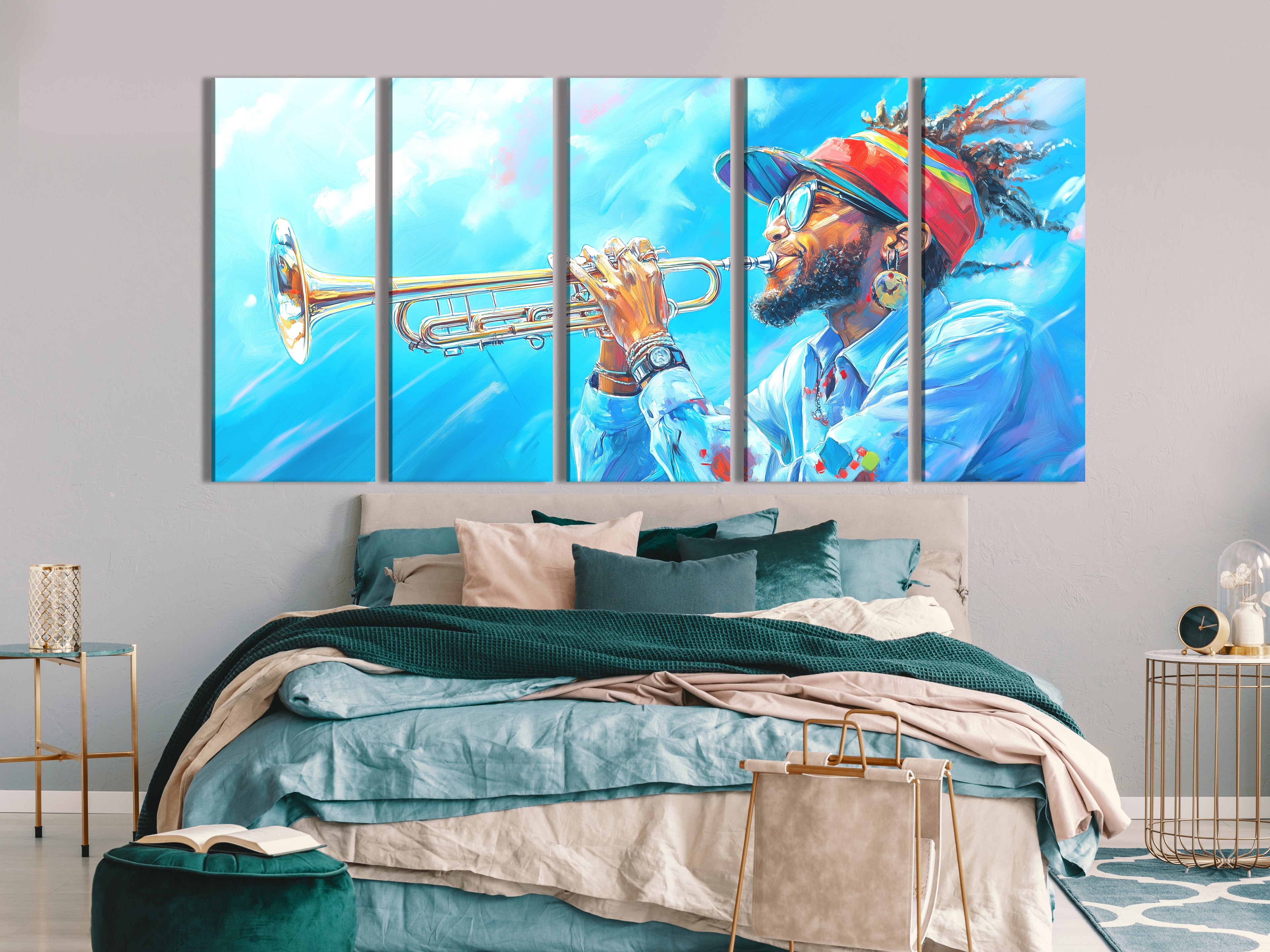 Canvasprint van een Trompettist met een Hemels Hoogtepunt – Coole Jazz Vibes, Gedurfd Blauw Hemels Koper Kunstwerk