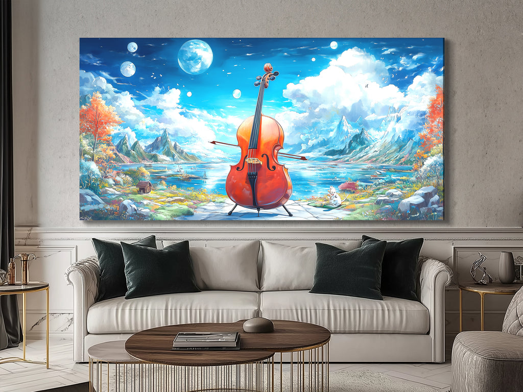 Canvasprint van een fantasie-cellomeer – surrealistische muziekkunst in berglandschap, dromerige natuurdecoratie