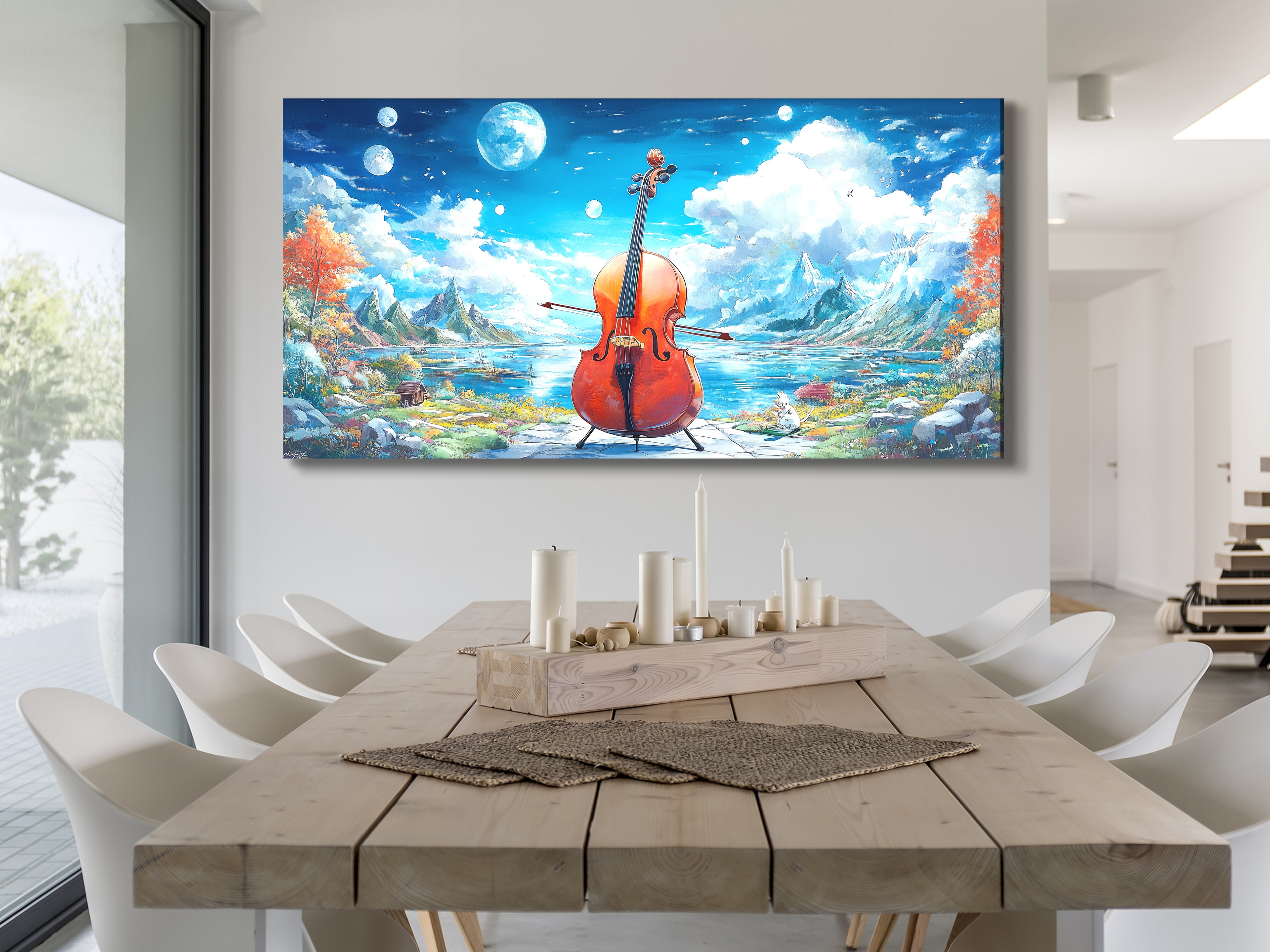 Canvasprint van een fantasie-cellomeer – surrealistische muziekkunst in berglandschap, dromerige natuurdecoratie