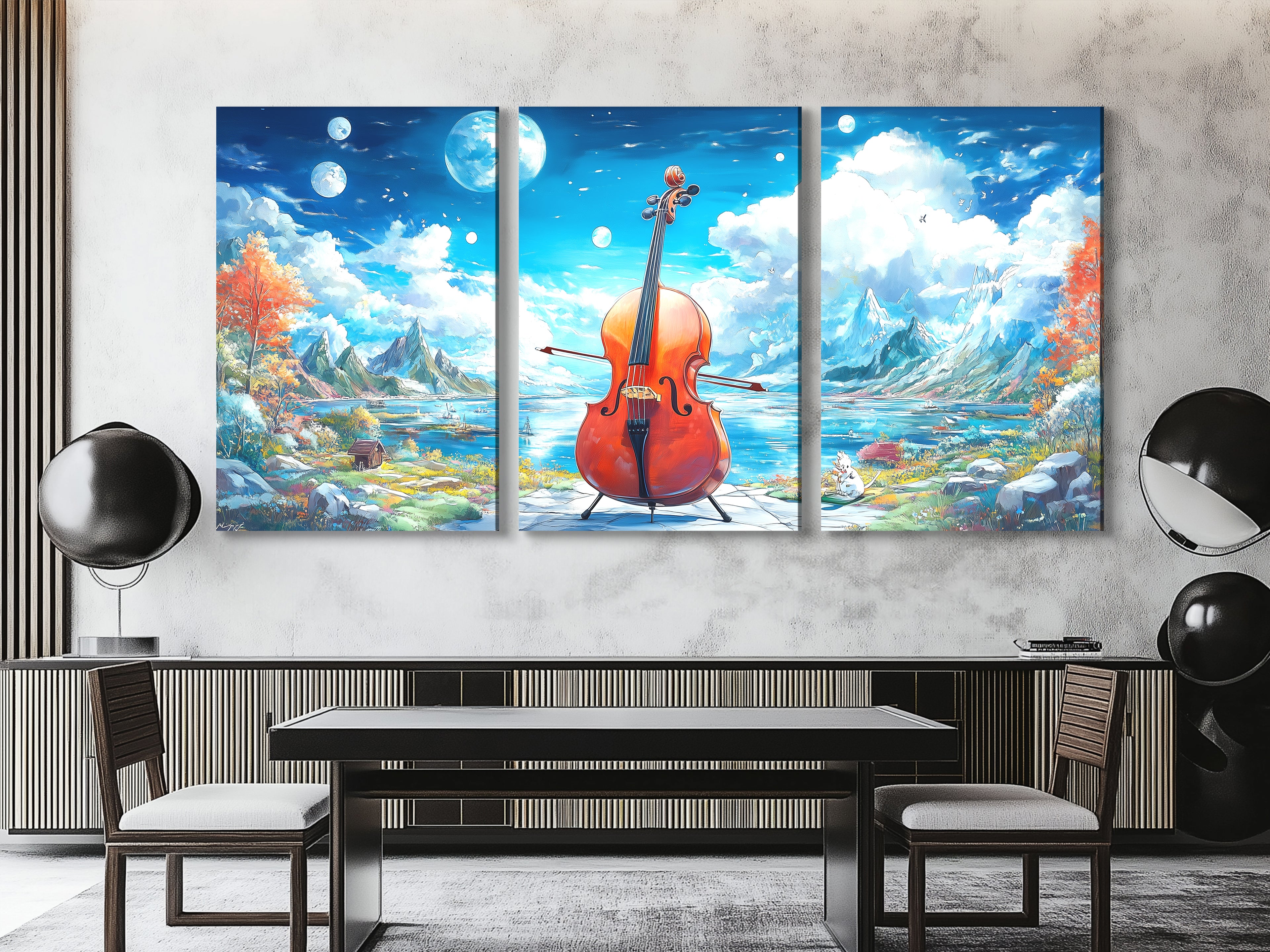 Canvasprint van een fantasie-cellomeer – surrealistische muziekkunst in berglandschap, dromerige natuurdecoratie