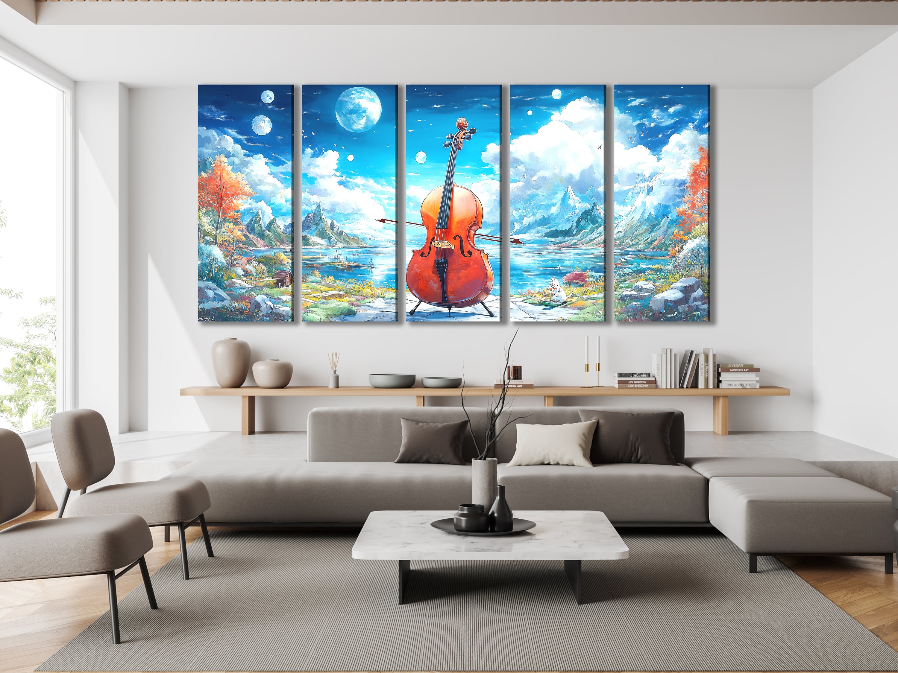 Fantasy Cello Lake Canvas Print – Surreal Mountainscape Music Art, Dreamlike Nature Décor