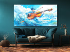 Surrealistische Wave Cello Canvas Print – Oceaan-thema muziekdecoratie, dynamische aqua-beweging kunstwerken
