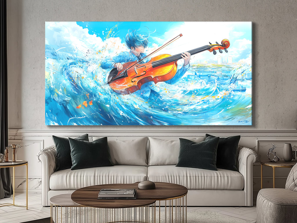 Surrealistische Wave Cello Canvas Print – Oceaan-thema muziekdecoratie, dynamische aqua-beweging kunstwerken