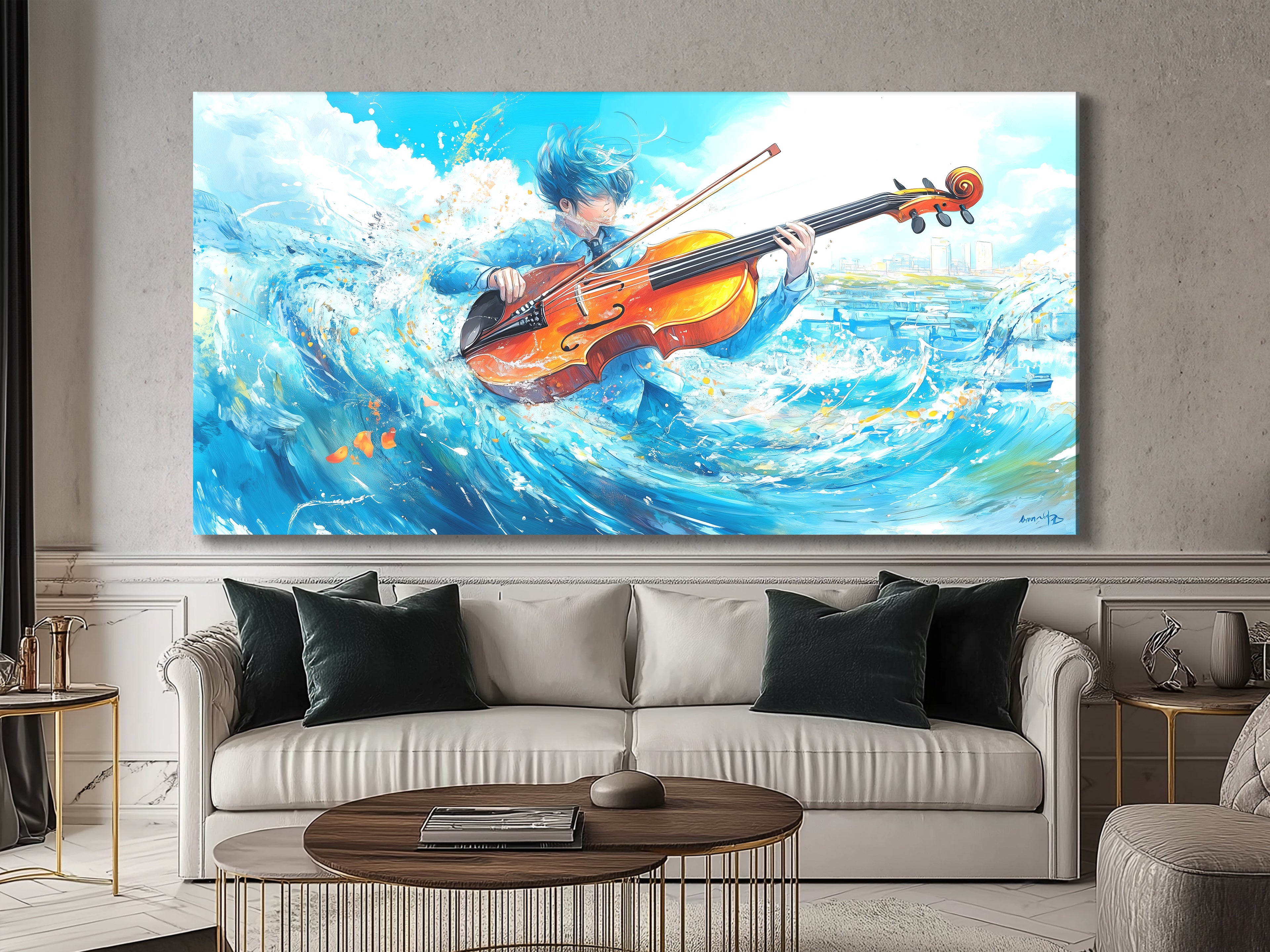 Surrealistische Wave Cello Canvas Print – Oceaan-thema muziekdecoratie, dynamische aqua-beweging kunstwerken