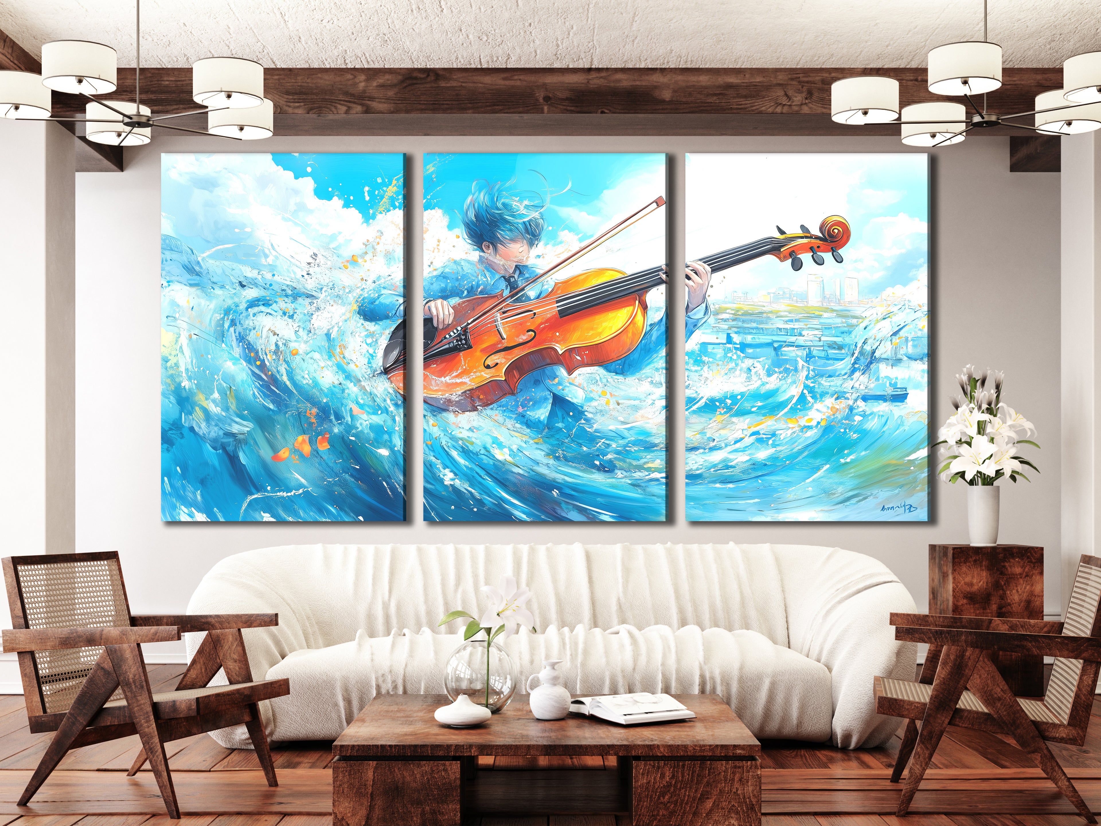Surrealistische Wave Cello Canvas Print – Oceaan-thema muziekdecoratie, dynamische aqua-beweging kunstwerken