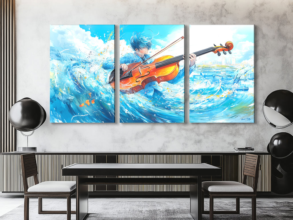 Surrealistische Wave Cello Canvas Print – Oceaan-thema muziekdecoratie, dynamische aqua-beweging kunstwerken