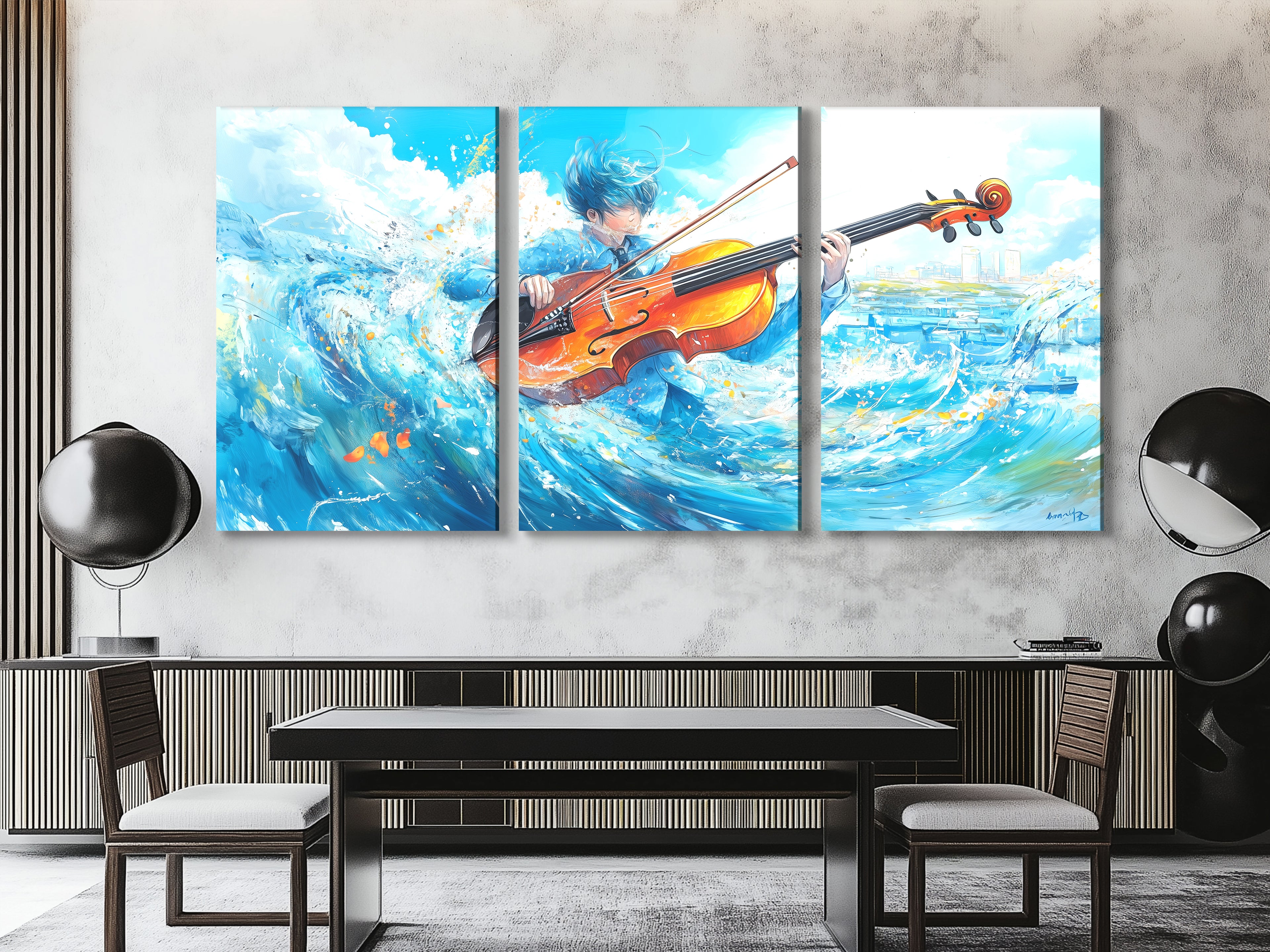 Surrealistische Wave Cello Canvas Print – Oceaan-thema muziekdecoratie, dynamische aqua-beweging kunstwerken