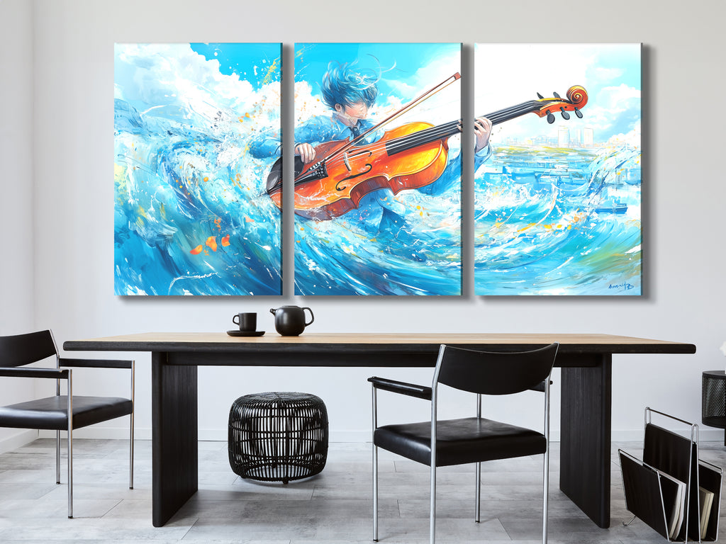Surrealistische Wave Cello Canvas Print – Oceaan-thema muziekdecoratie, dynamische aqua-beweging kunstwerken