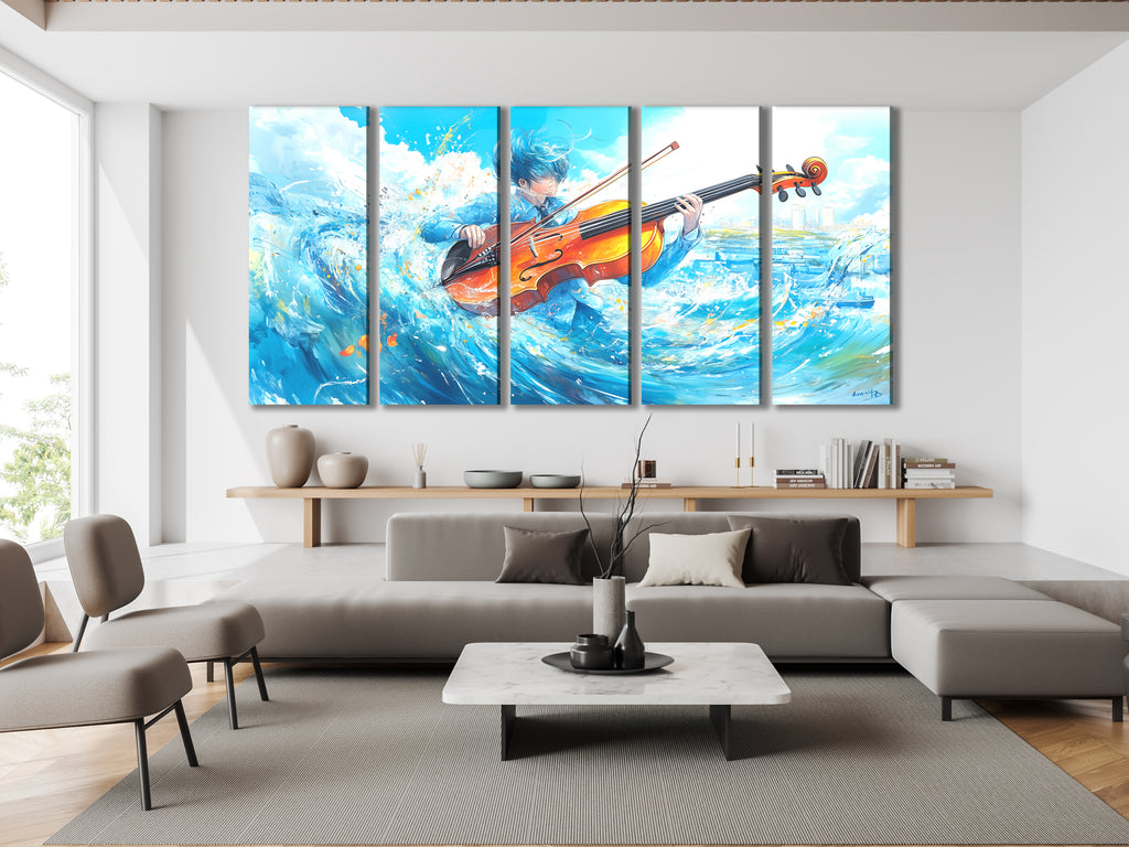 Surrealistische Wave Cello Canvas Print – Oceaan-thema muziekdecoratie, dynamische aqua-beweging kunstwerken