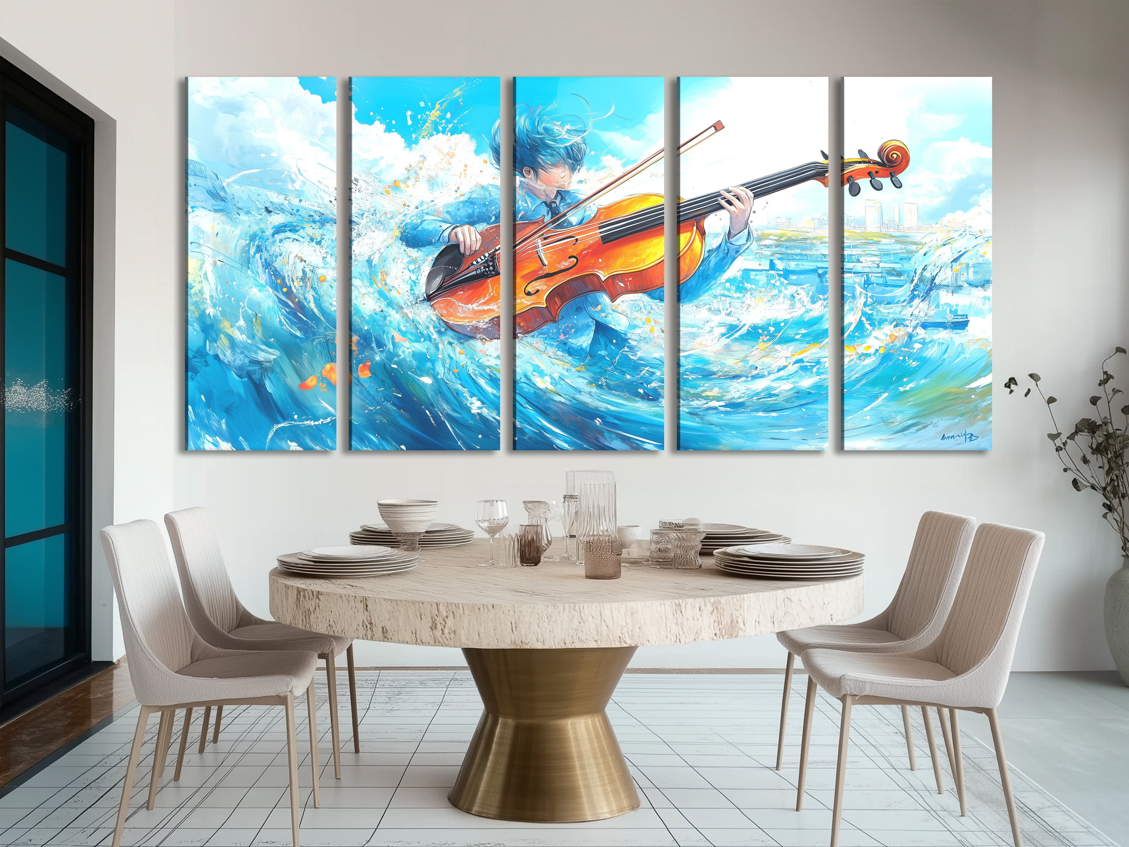 Surrealistische Wave Cello Canvas Print – Oceaan-thema muziekdecoratie, dynamische aqua-beweging kunstwerken