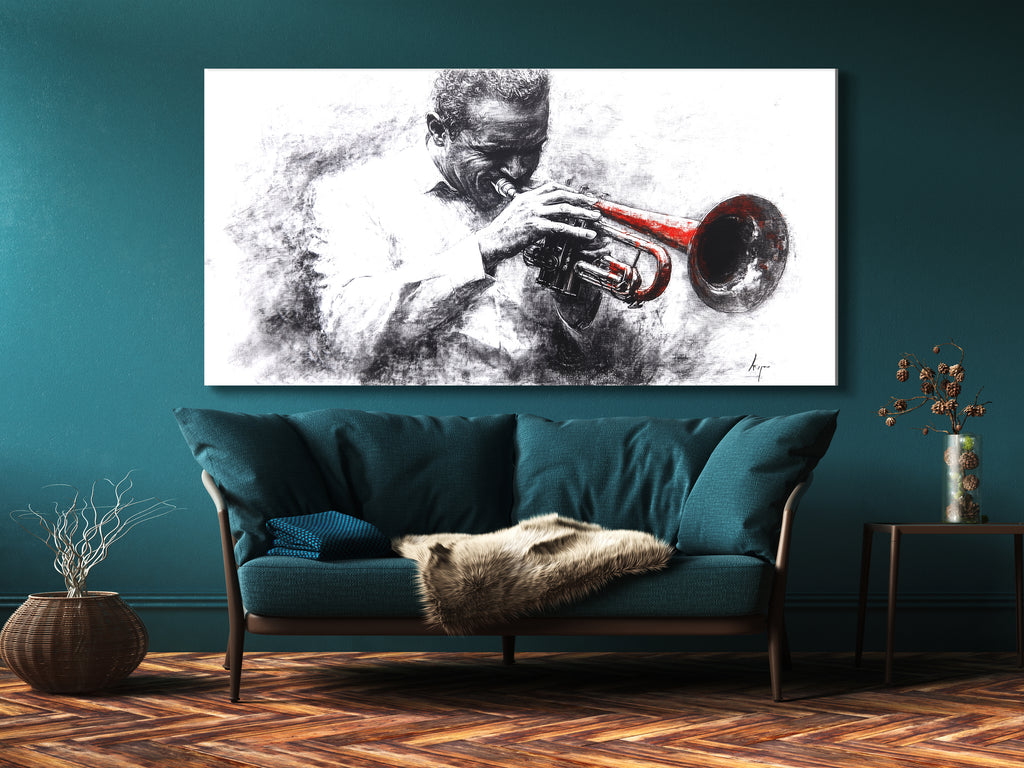 Canvasprint van een zwart-witte trompettist – accent van een rood instrument, dramatisch jazzkunstwerk