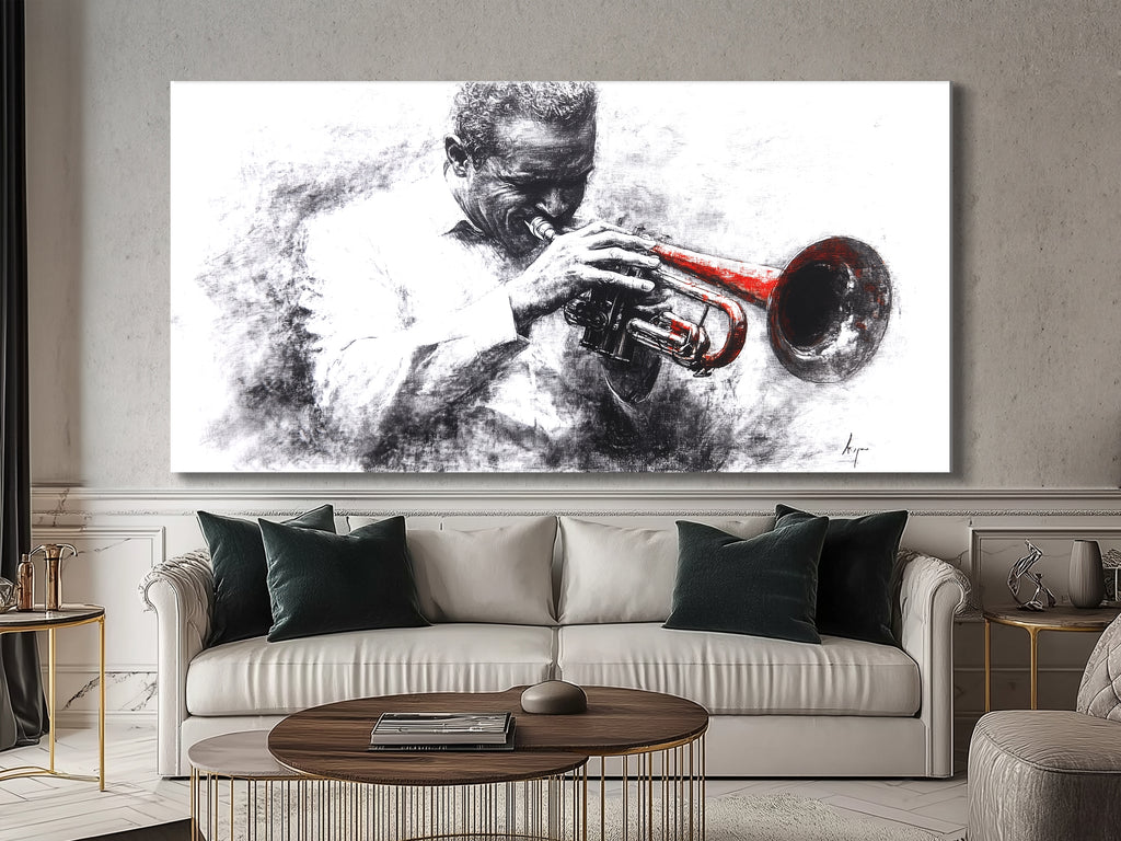 Canvasprint van een zwart-witte trompettist – accent van een rood instrument, dramatisch jazzkunstwerk