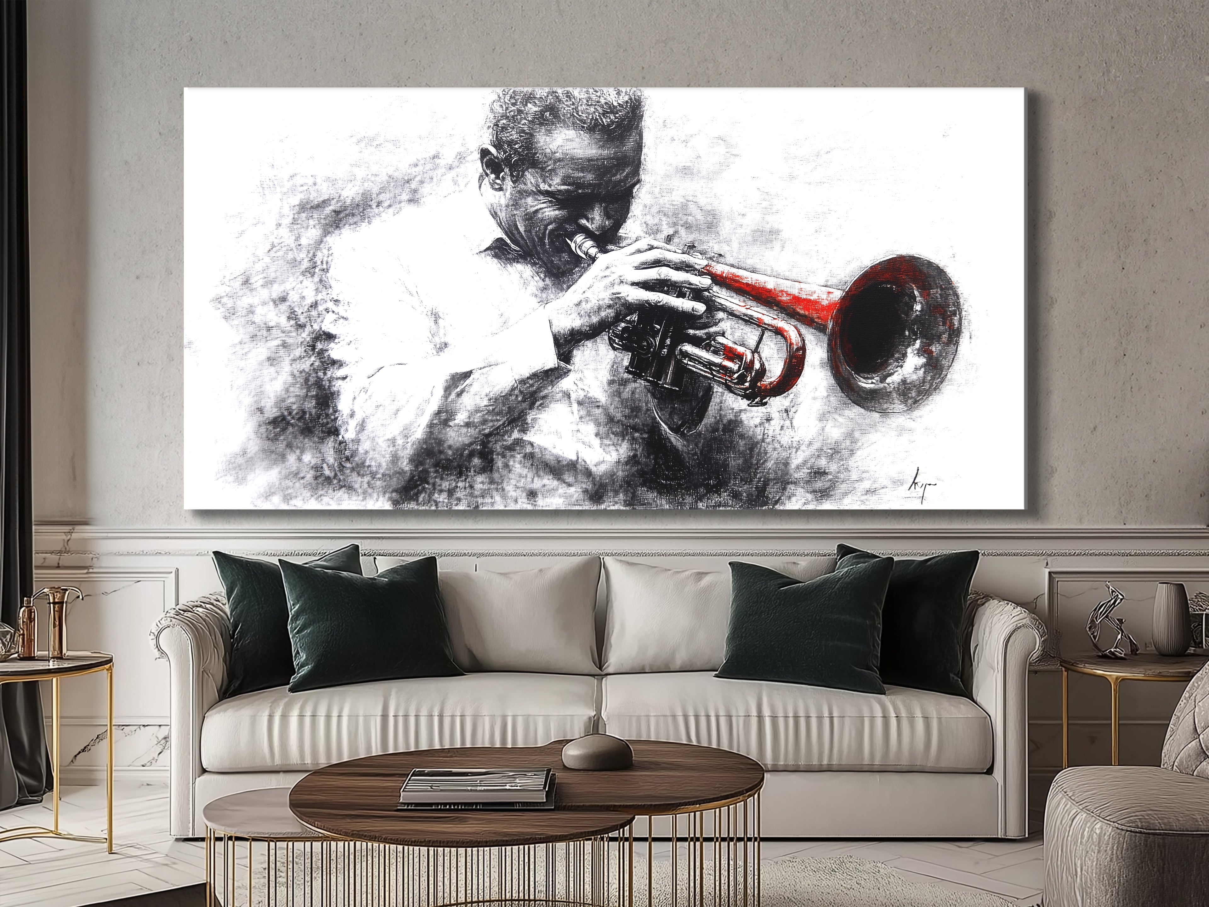 Canvasprint van een zwart-witte trompettist – accent van een rood instrument, dramatisch jazzkunstwerk
