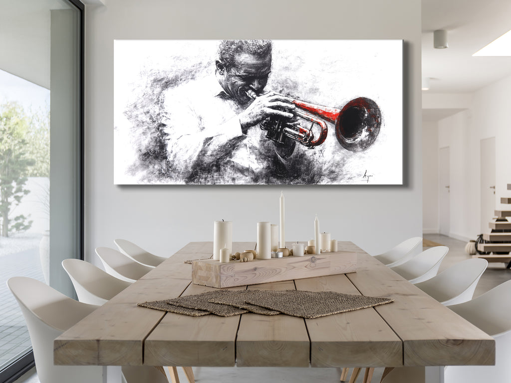 Canvasprint van een zwart-witte trompettist – accent van een rood instrument, dramatisch jazzkunstwerk