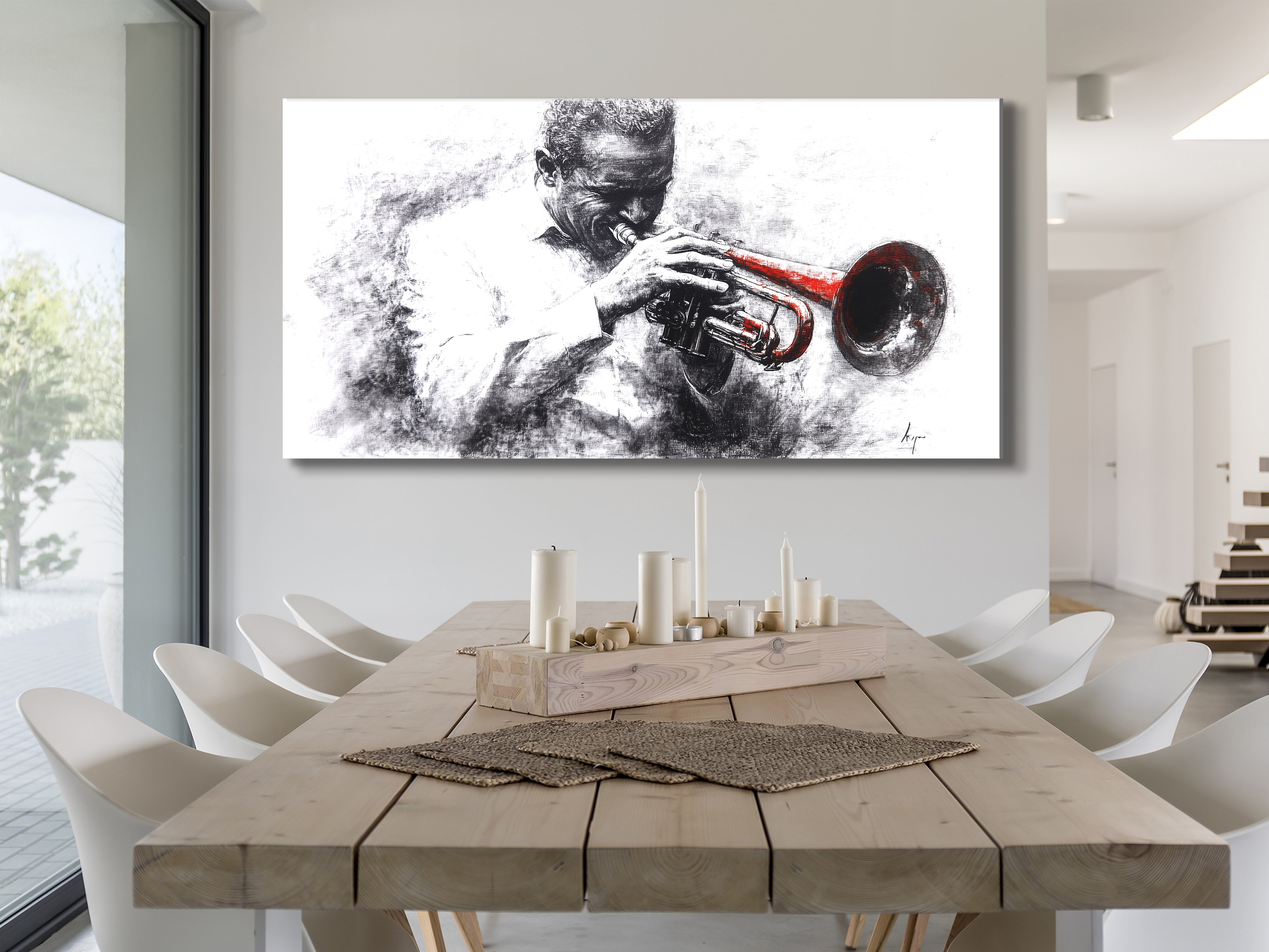 Canvasprint van een zwart-witte trompettist – accent van een rood instrument, dramatisch jazzkunstwerk