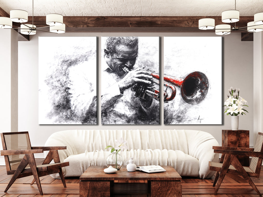 Canvasprint van een zwart-witte trompettist – accent van een rood instrument, dramatisch jazzkunstwerk