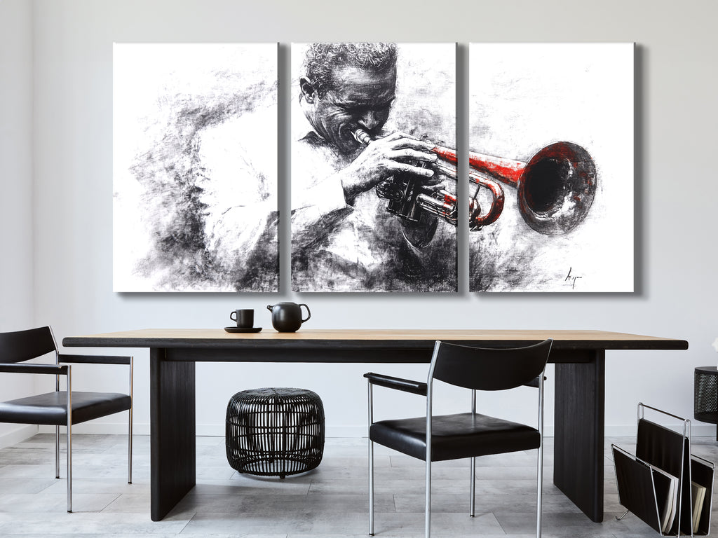 Canvasprint van een zwart-witte trompettist – accent van een rood instrument, dramatisch jazzkunstwerk