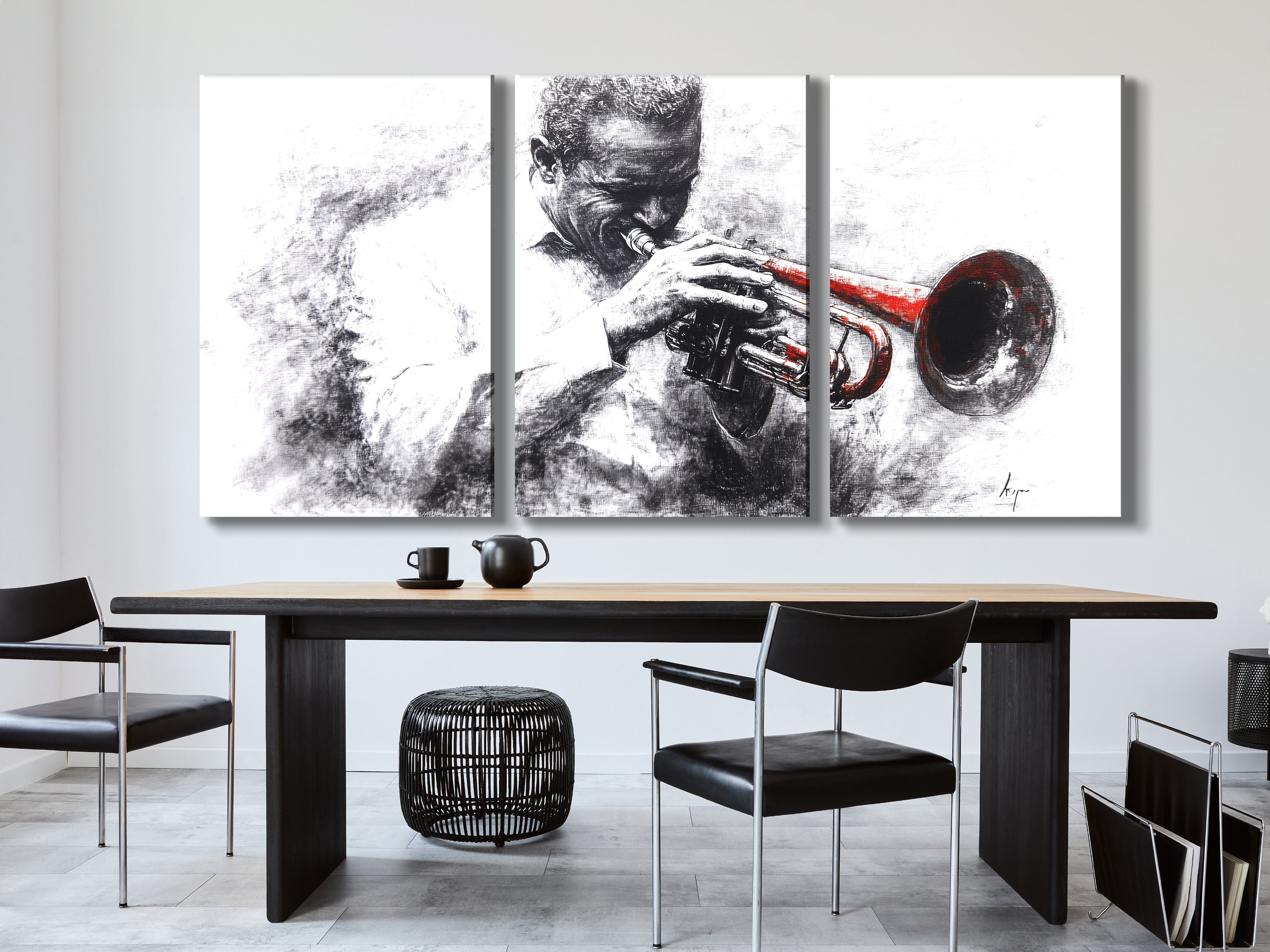 Canvasprint van een zwart-witte trompettist – accent van een rood instrument, dramatisch jazzkunstwerk