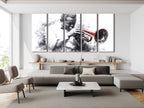 Canvasprint van een zwart-witte trompettist – accent van een rood instrument, dramatisch jazzkunstwerk