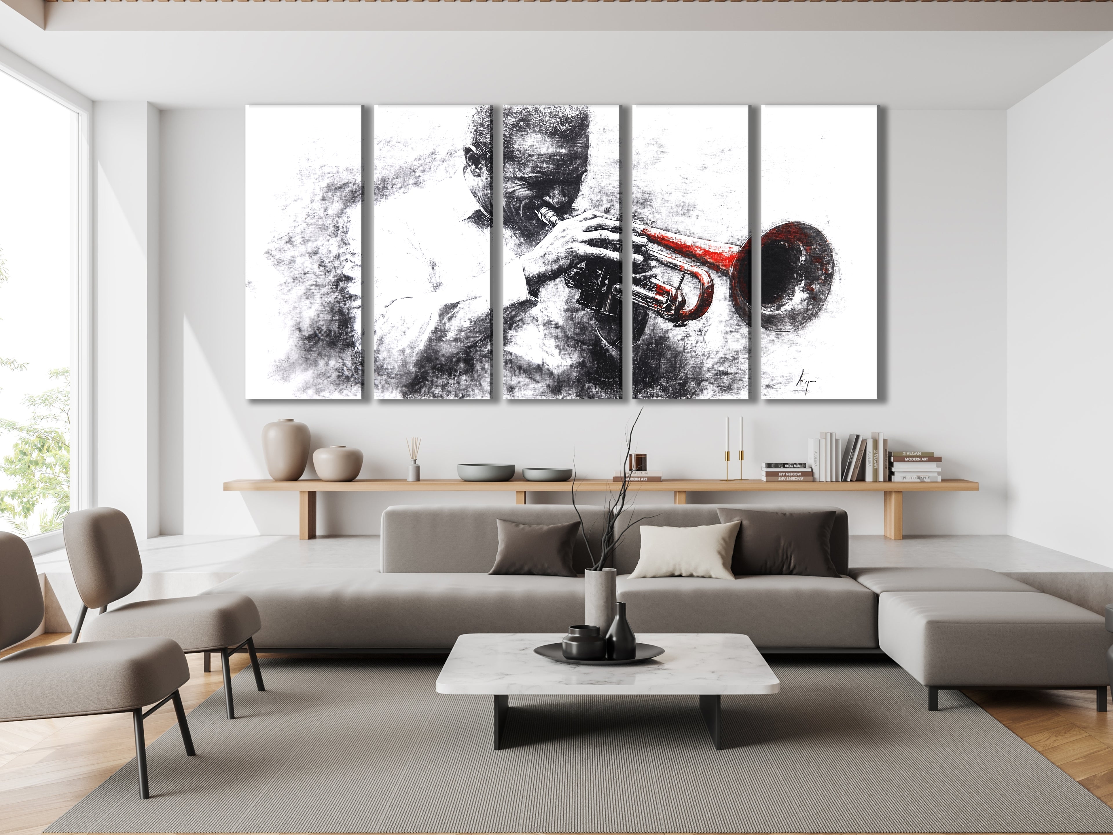 Canvasprint van een zwart-witte trompettist – accent van een rood instrument, dramatisch jazzkunstwerk