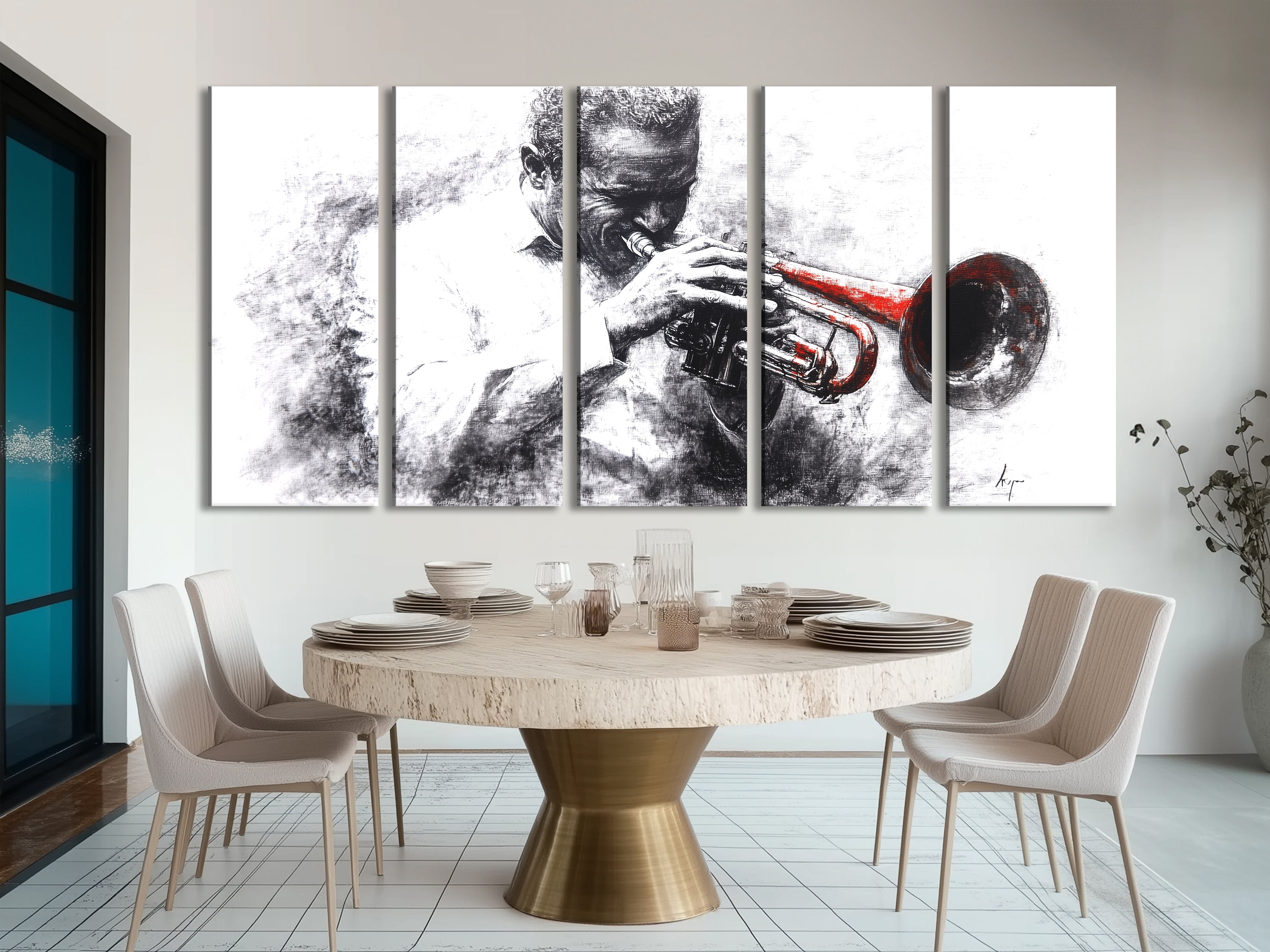 Canvasprint van een zwart-witte trompettist – accent van een rood instrument, dramatisch jazzkunstwerk