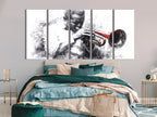 Canvasprint van een zwart-witte trompettist – accent van een rood instrument, dramatisch jazzkunstwerk