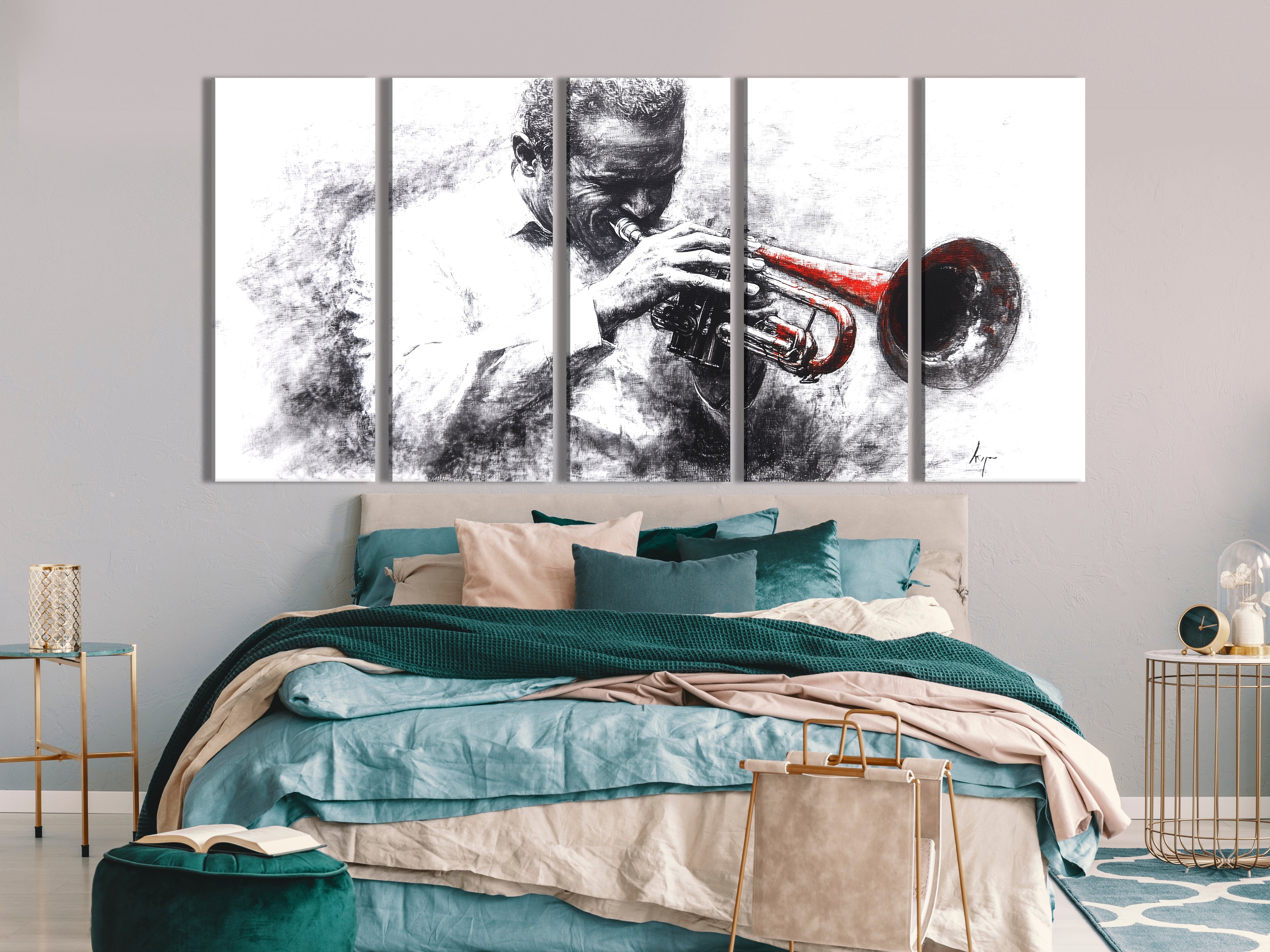 Canvasprint van een zwart-witte trompettist – accent van een rood instrument, dramatisch jazzkunstwerk