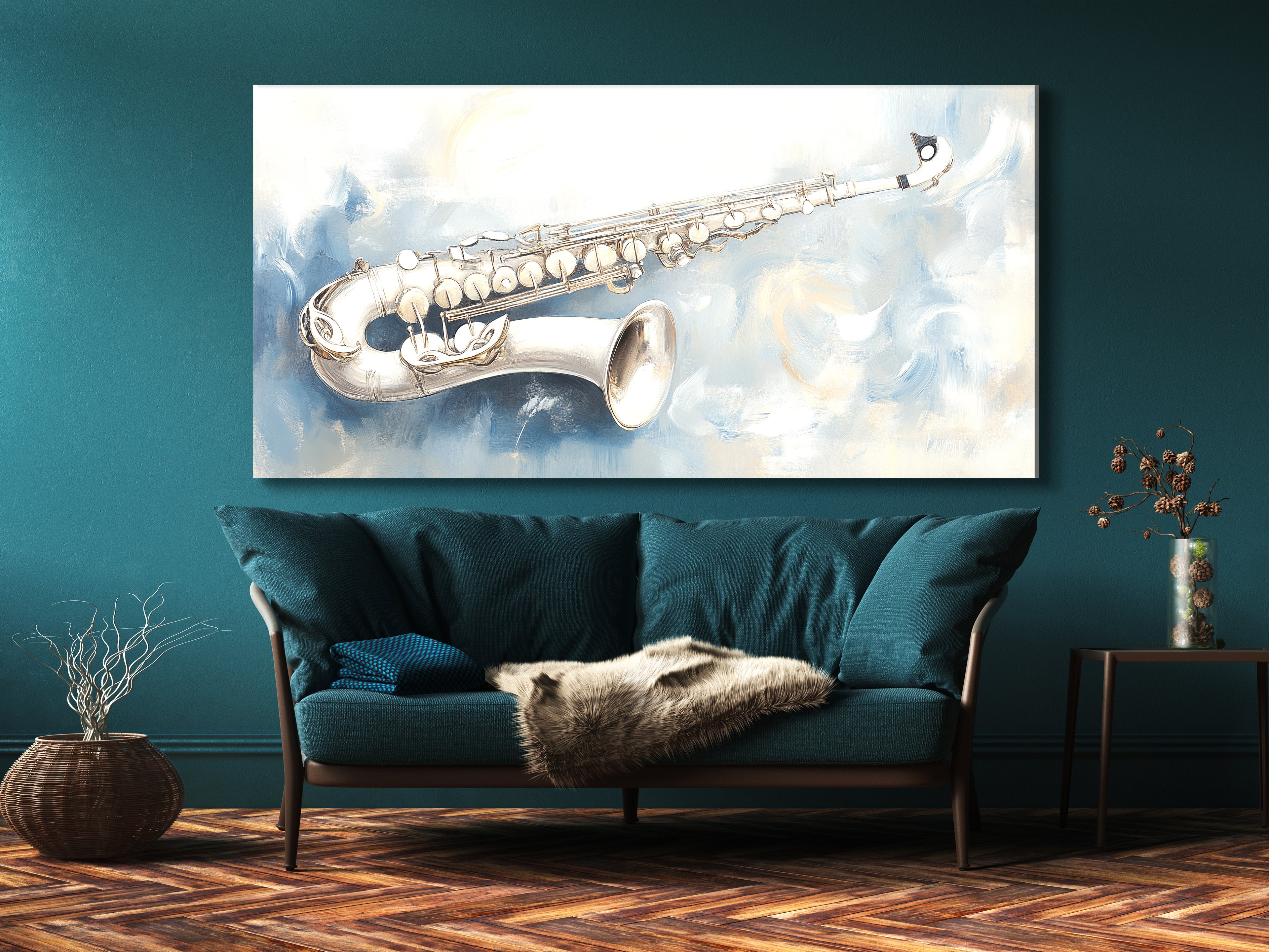 Canvasprint van zilveren saxofoon – zacht abstract jazzkunstwerk, elegant muzikantschap in koele tinten