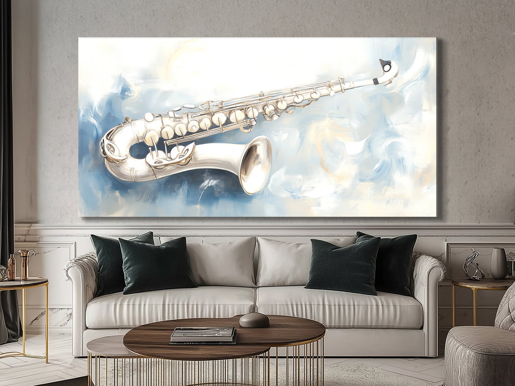 Canvasprint van zilveren saxofoon – zacht abstract jazzkunstwerk, elegant muzikantschap in koele tinten
