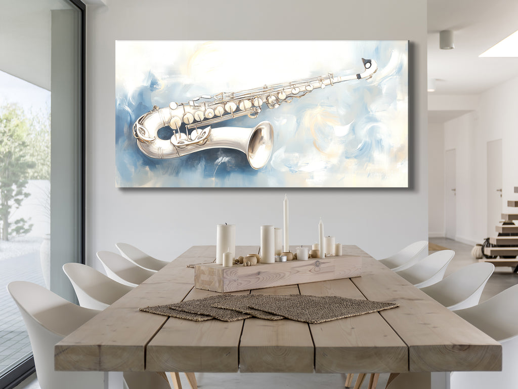 Canvasprint van zilveren saxofoon – zacht abstract jazzkunstwerk, elegant muzikantschap in koele tinten