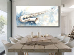 Canvasprint van zilveren saxofoon – zacht abstract jazzkunstwerk, elegant muzikantschap in koele tinten