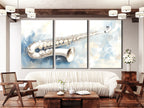 Canvasprint van zilveren saxofoon – zacht abstract jazzkunstwerk, elegant muzikantschap in koele tinten