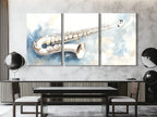 Canvasprint van zilveren saxofoon – zacht abstract jazzkunstwerk, elegant muzikantschap in koele tinten