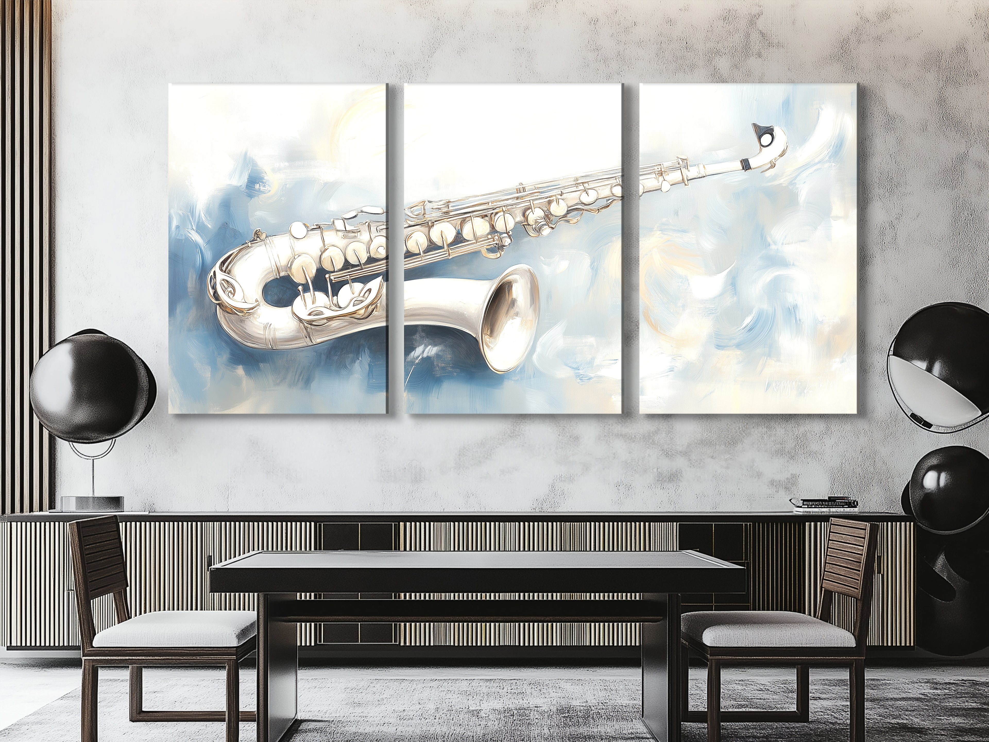Canvasprint van zilveren saxofoon – zacht abstract jazzkunstwerk, elegant muzikantschap in koele tinten
