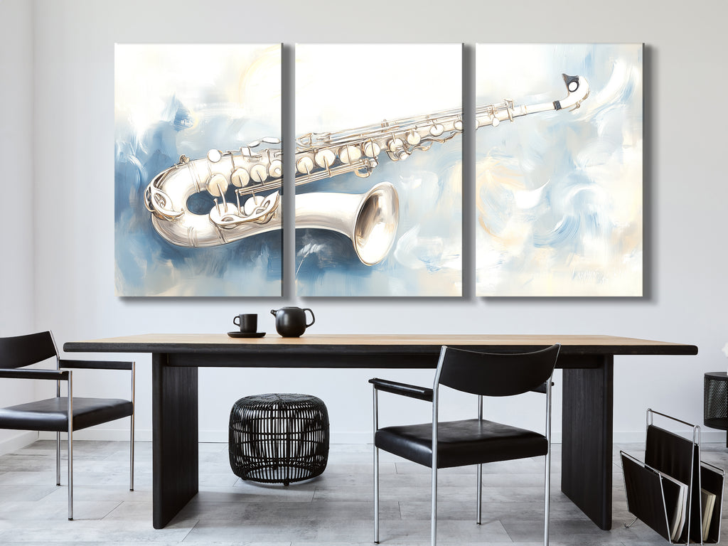 Canvasprint van zilveren saxofoon – zacht abstract jazzkunstwerk, elegant muzikantschap in koele tinten