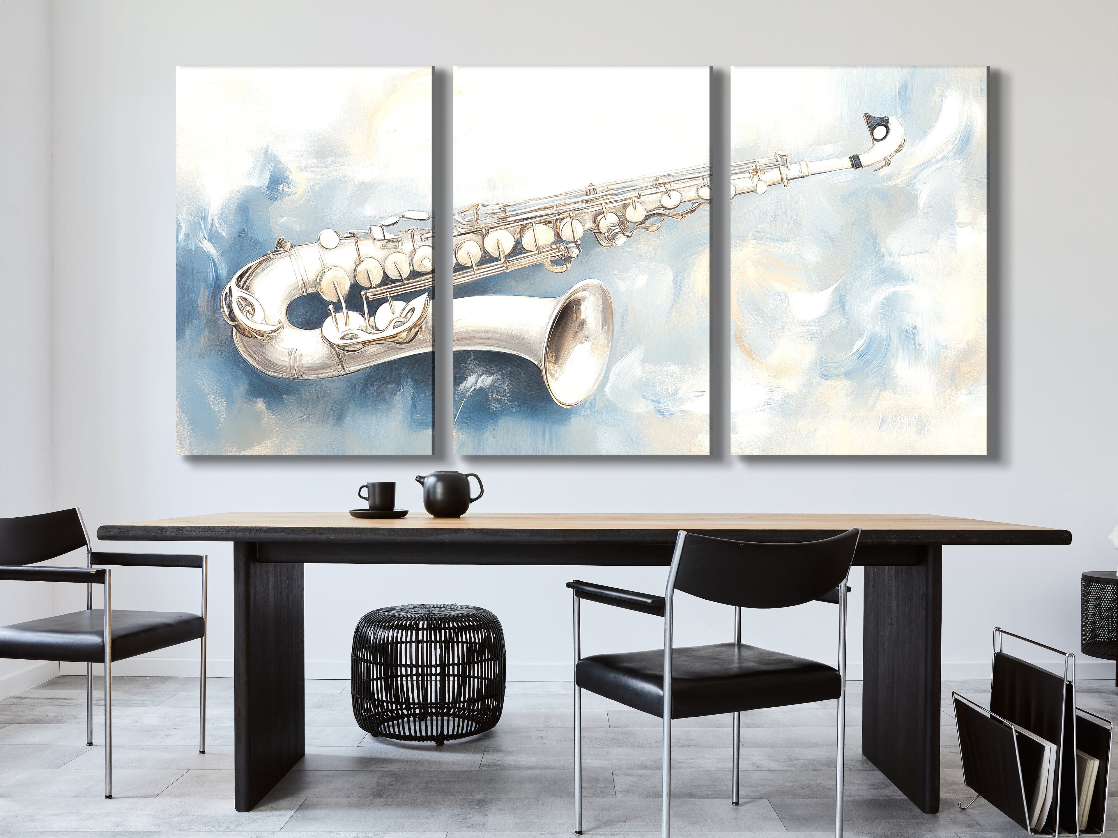 Canvasprint van zilveren saxofoon – zacht abstract jazzkunstwerk, elegant muzikantschap in koele tinten