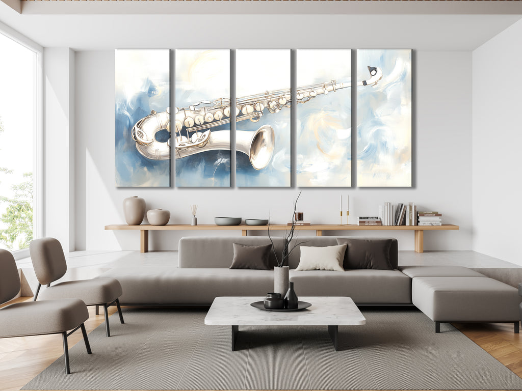 Canvasprint van zilveren saxofoon – zacht abstract jazzkunstwerk, elegant muzikantschap in koele tinten