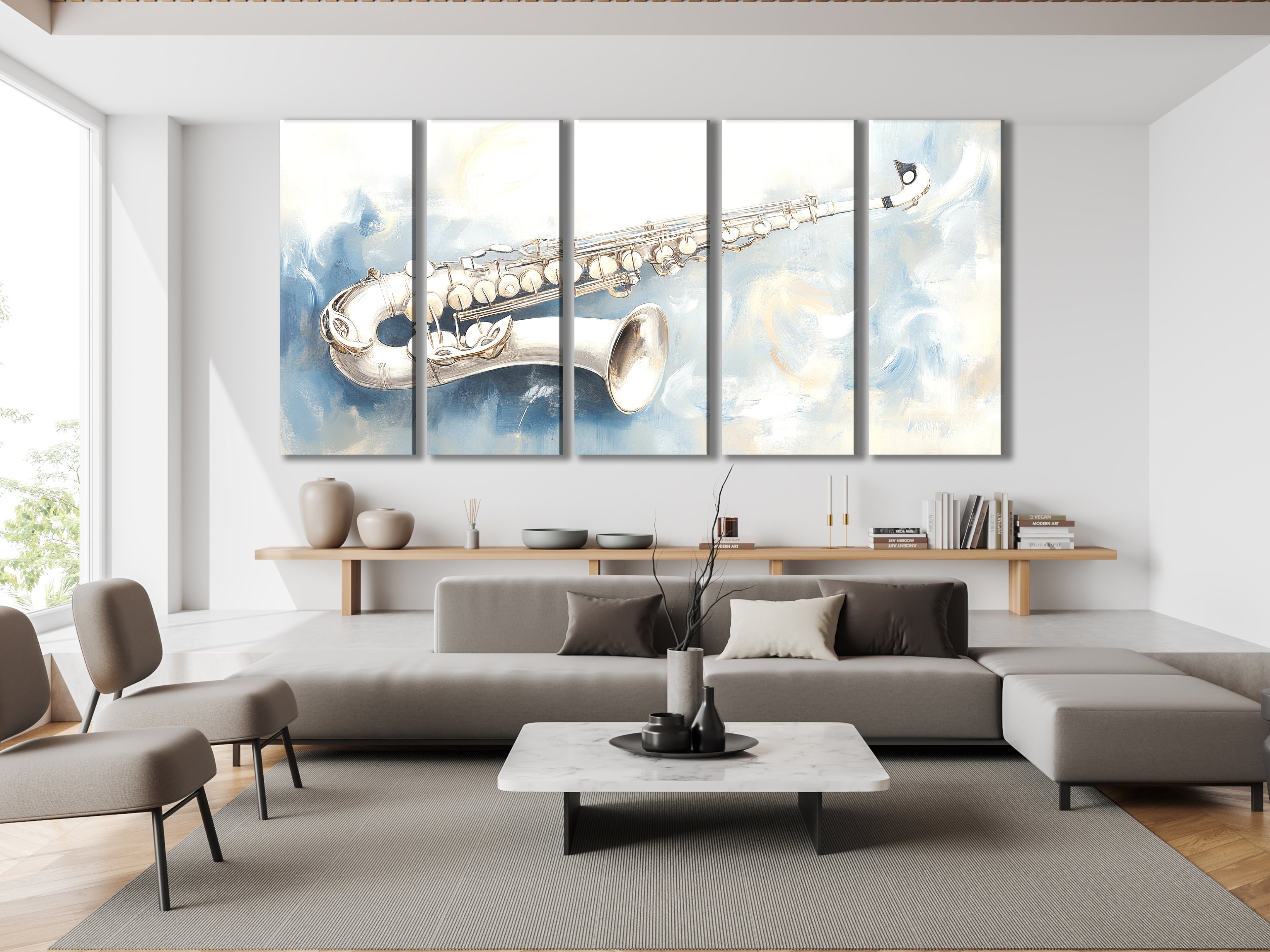 Canvasprint van zilveren saxofoon – zacht abstract jazzkunstwerk, elegant muzikantschap in koele tinten