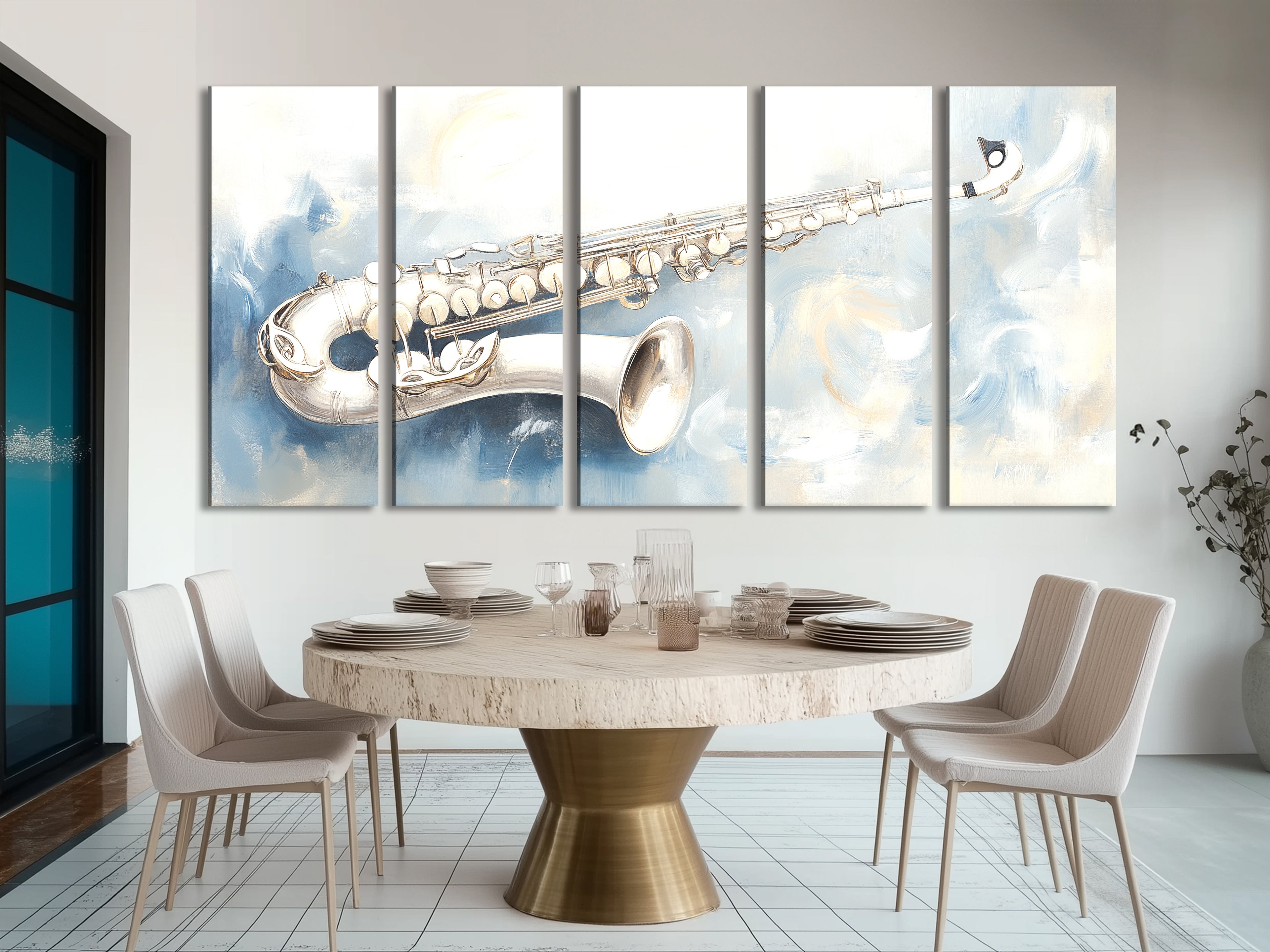 Canvasprint van zilveren saxofoon – zacht abstract jazzkunstwerk, elegant muzikantschap in koele tinten