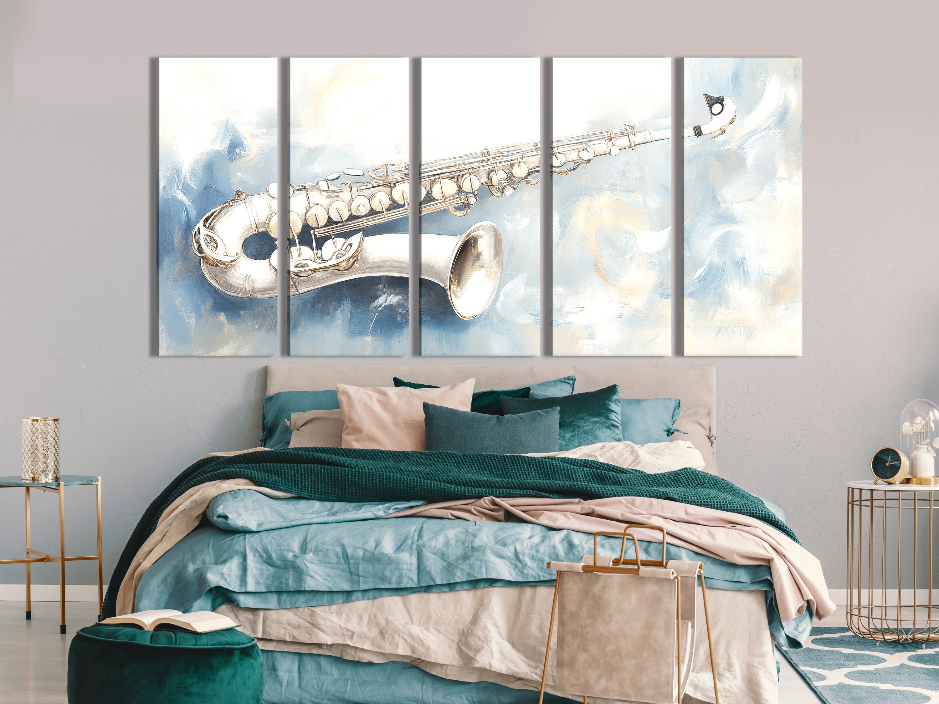 Silver Saxophone Canvas Print – Soft Abstract Jazz Artwork, Elegant Musicianship in Cool Tones