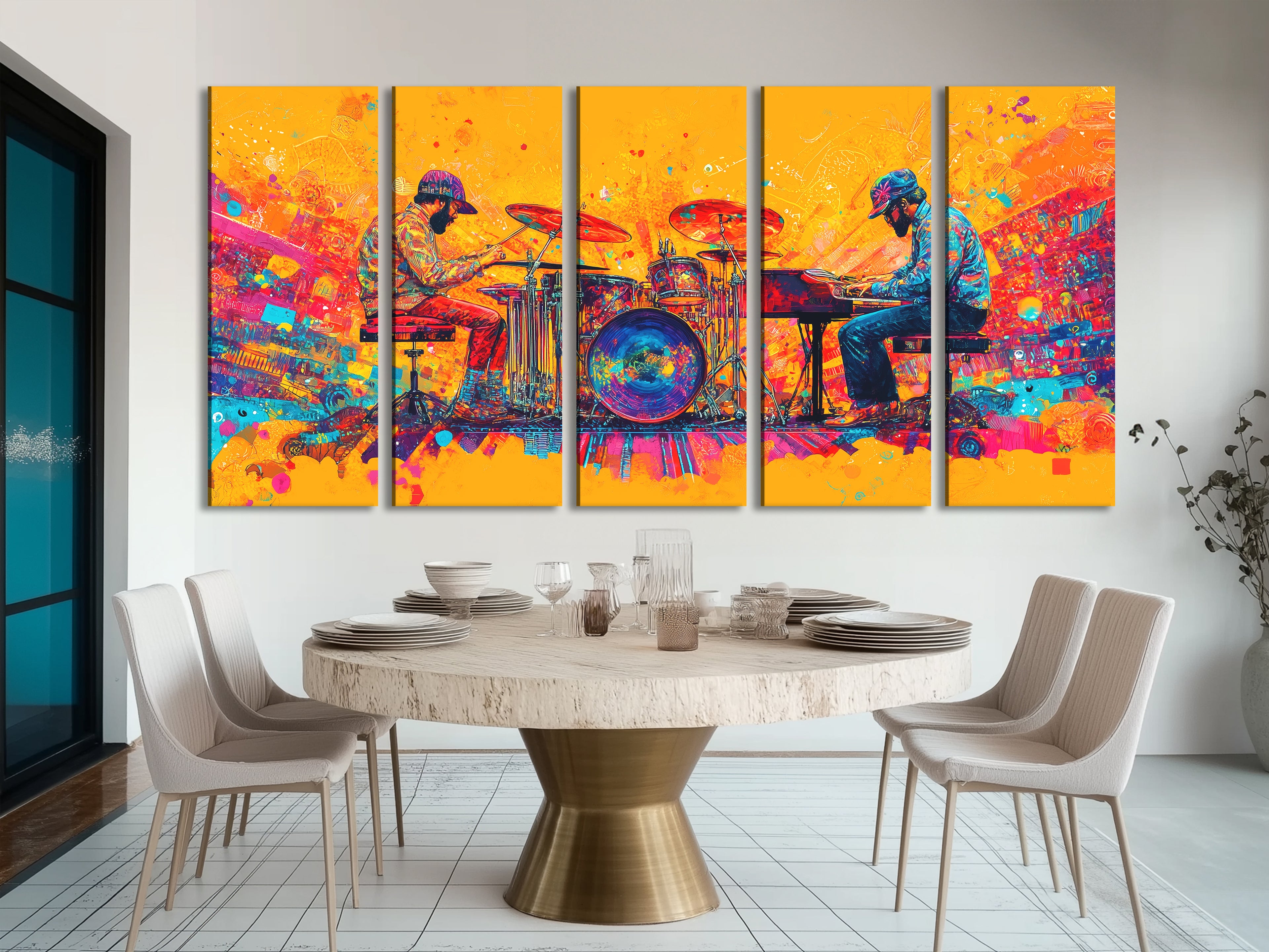 Canvasprint van drummer en pianist – kleurrijk duo-muziekdecor, gewaagd jazz-funk fusion-kunstwerk