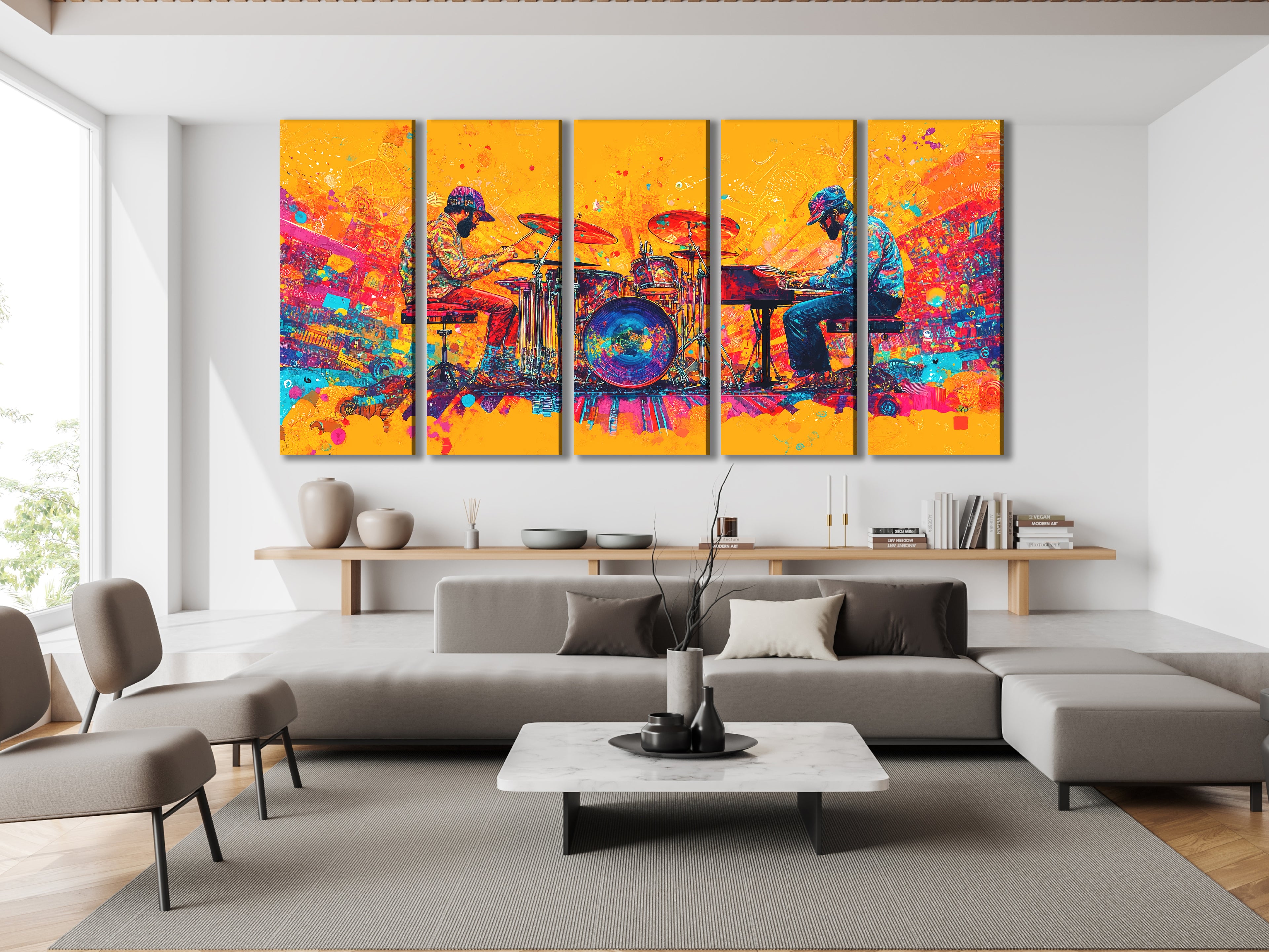 Canvasprint van drummer en pianist – kleurrijk duo-muziekdecor, gewaagd jazz-funk fusion-kunstwerk