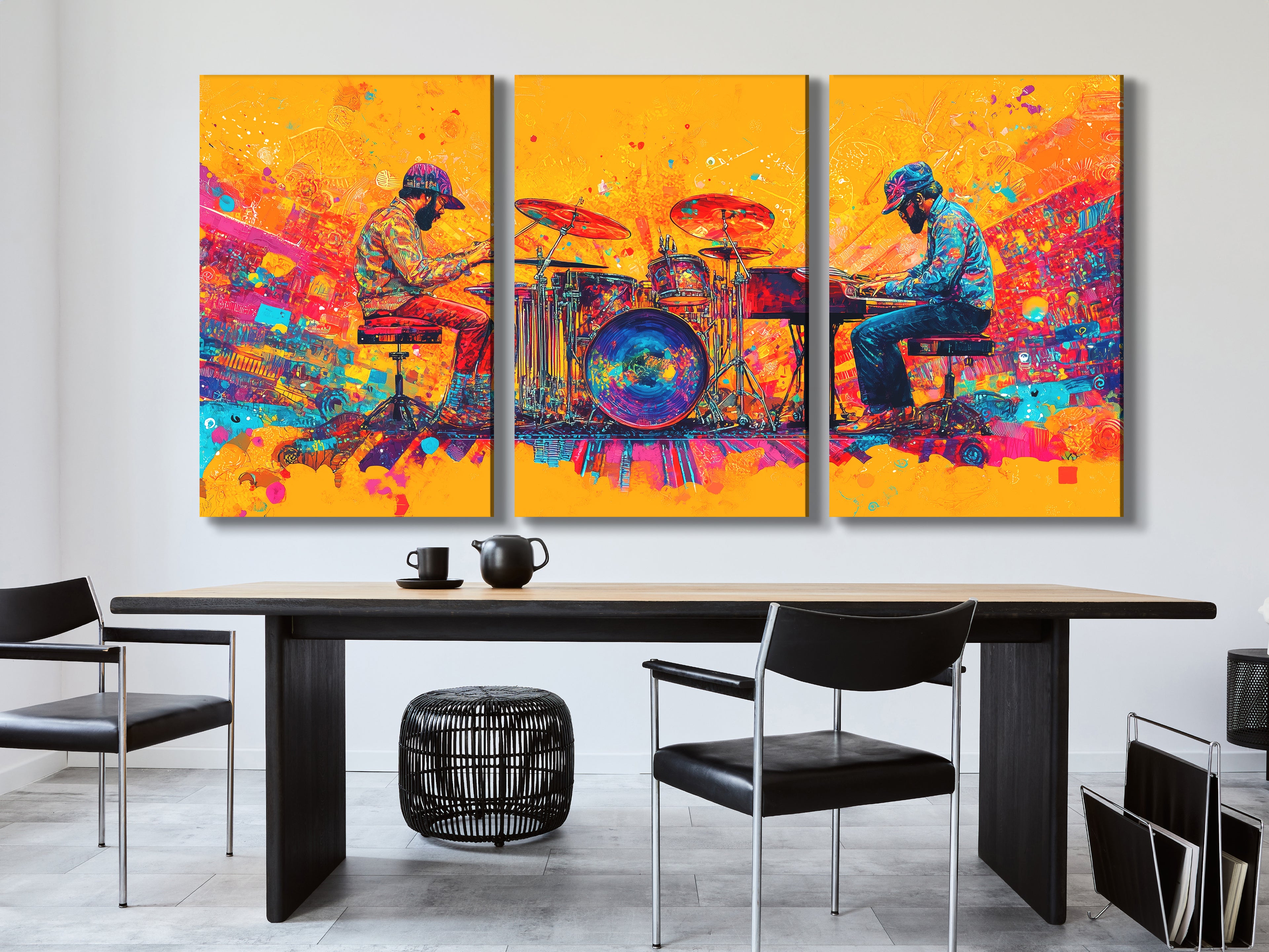 Canvasprint van drummer en pianist – kleurrijk duo-muziekdecor, gewaagd jazz-funk fusion-kunstwerk