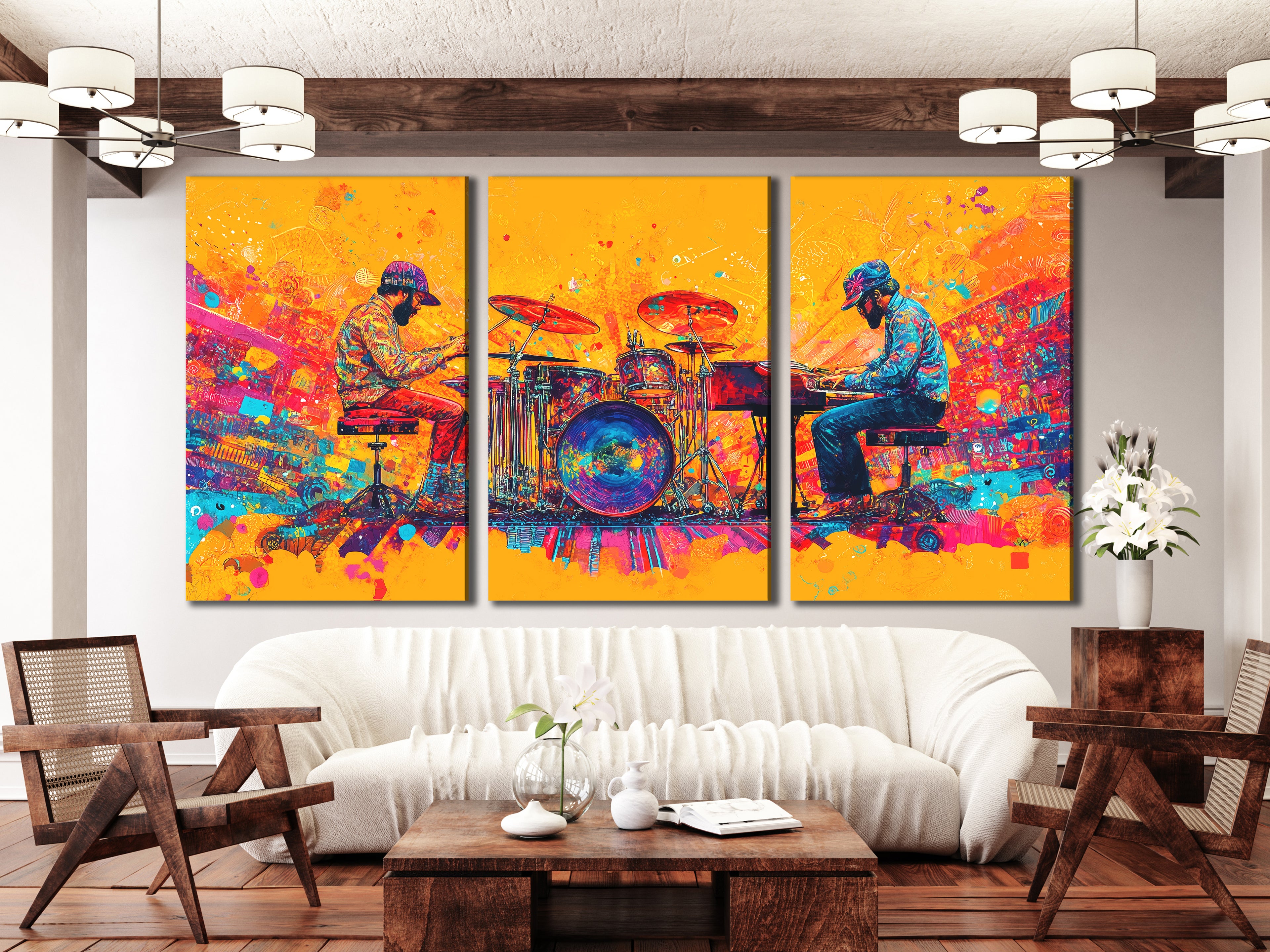 Canvasprint van drummer en pianist – kleurrijk duo-muziekdecor, gewaagd jazz-funk fusion-kunstwerk