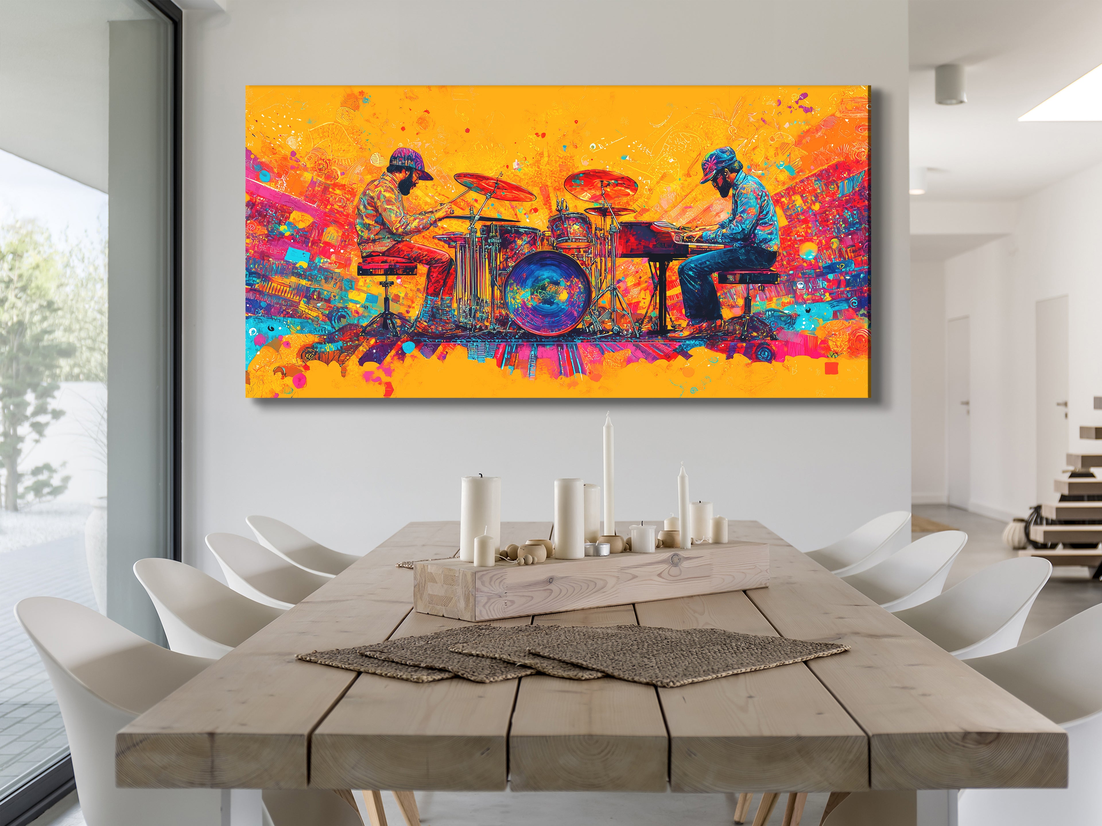 Canvasprint van drummer en pianist – kleurrijk duo-muziekdecor, gewaagd jazz-funk fusion-kunstwerk