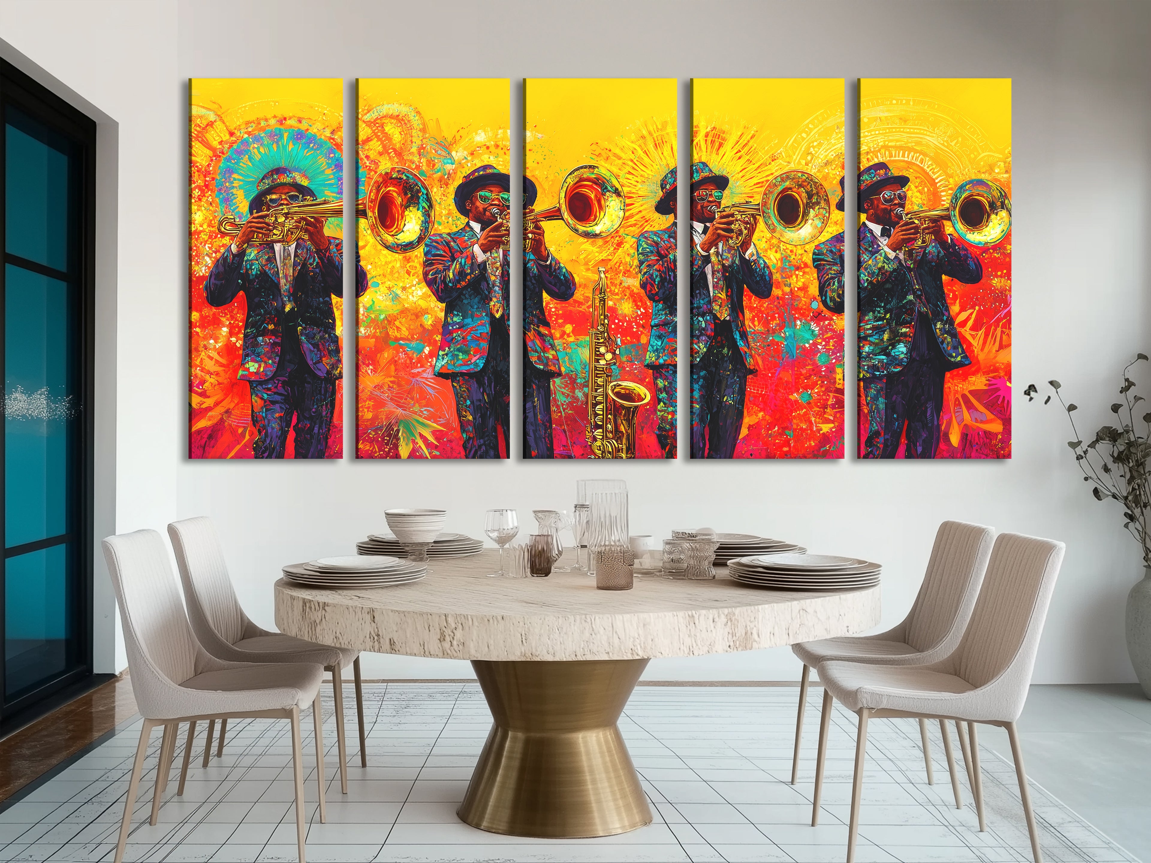 Canvasprint van Brass Band Mardi Gras – Levendige New Orleans Jazz-decoratie, kleurrijke hoornspelers