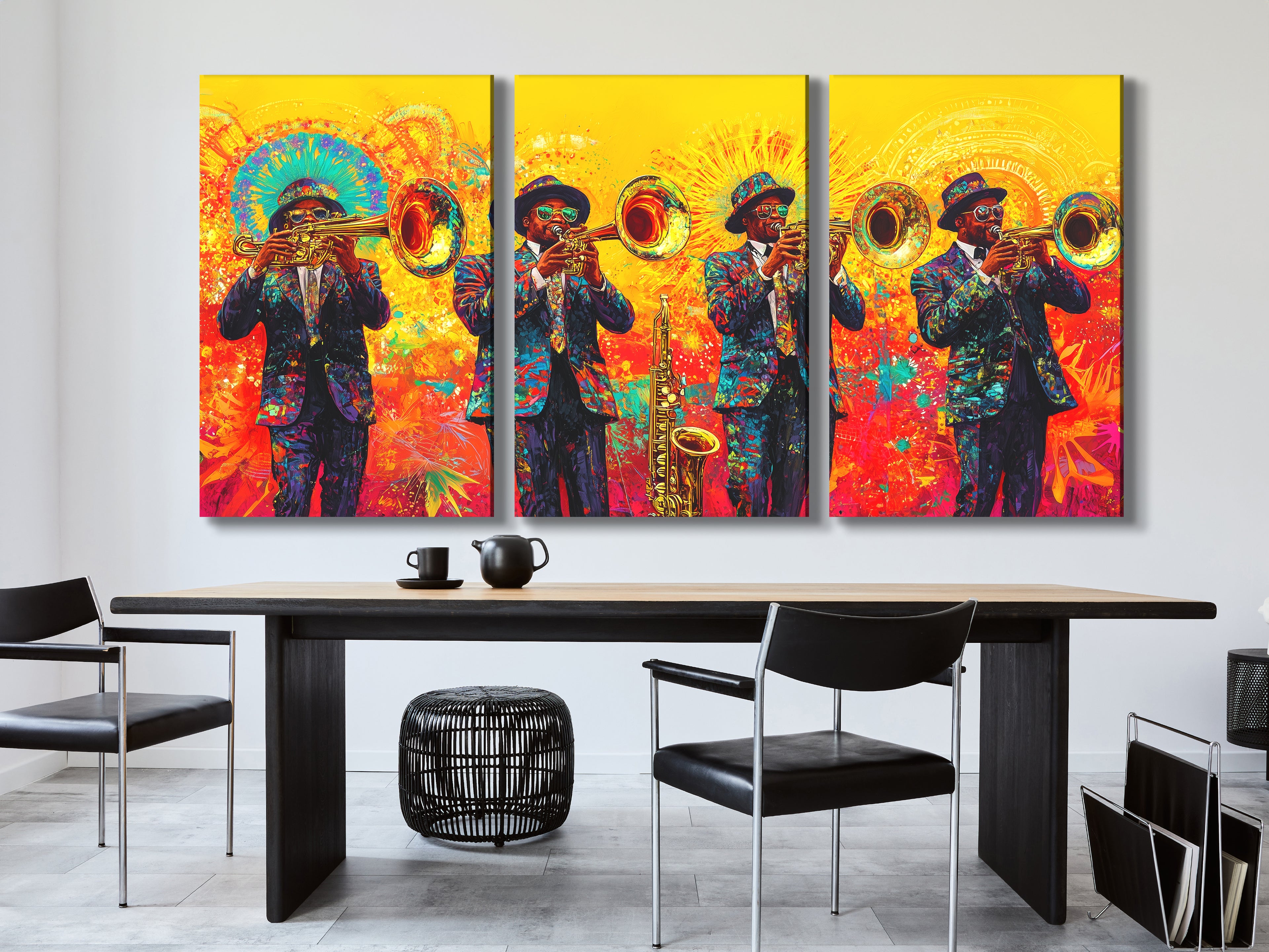 Canvasprint van Brass Band Mardi Gras – Levendige New Orleans Jazz-decoratie, kleurrijke hoornspelers