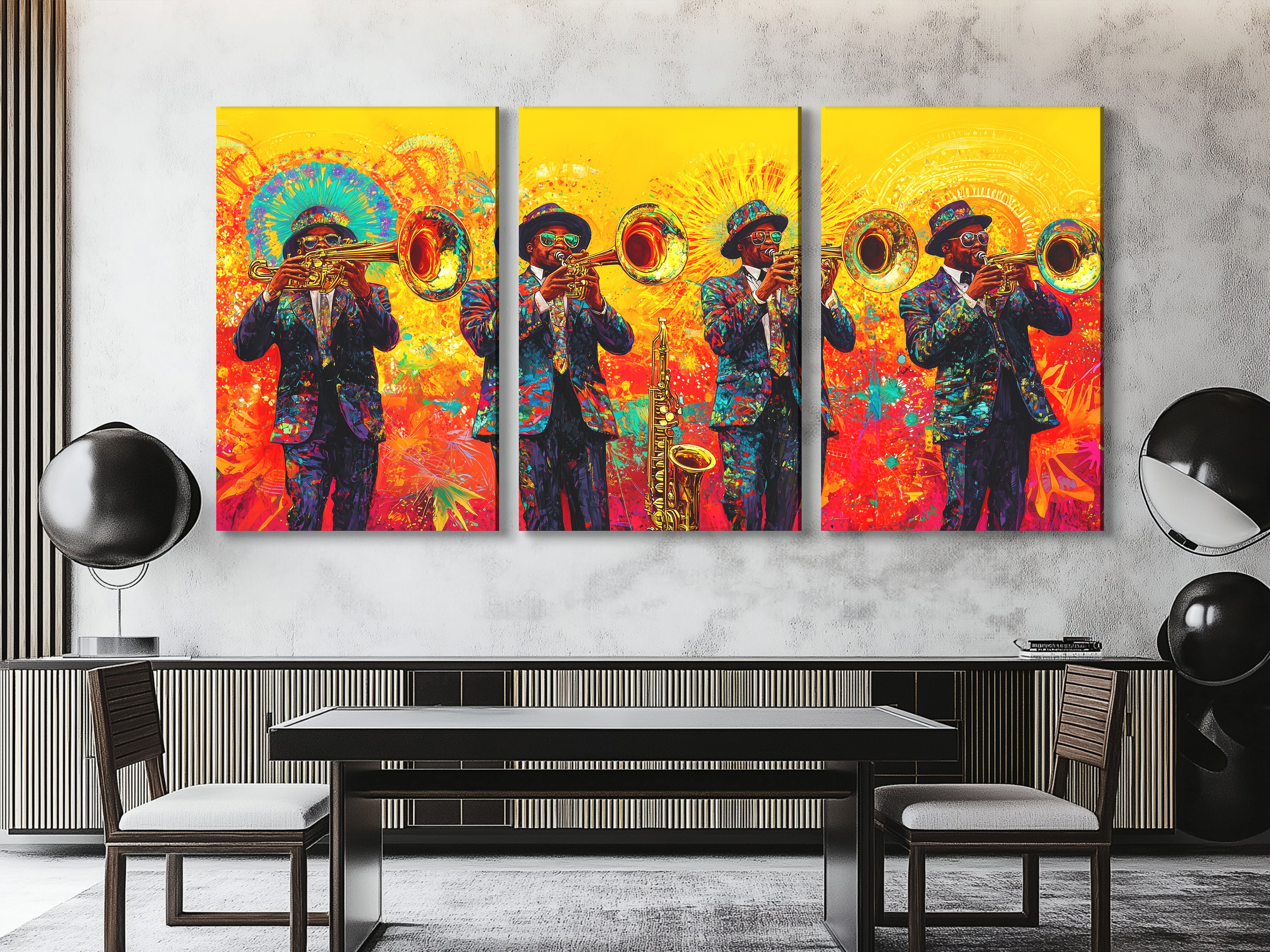 Canvasprint van Brass Band Mardi Gras – Levendige New Orleans Jazz-decoratie, kleurrijke hoornspelers